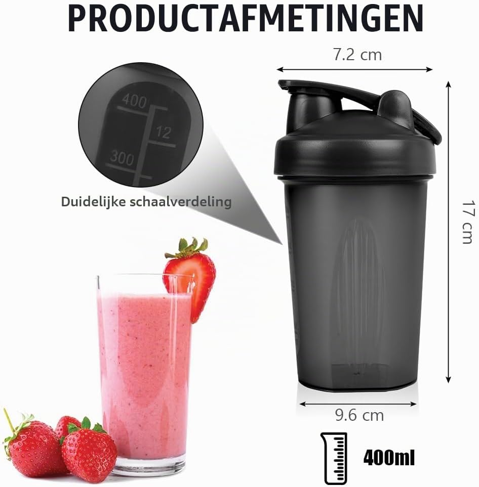 Detalle 2 de AOGOE 4641199 eiwitshakers 400 ml met stalen mengbal, zwart en wit