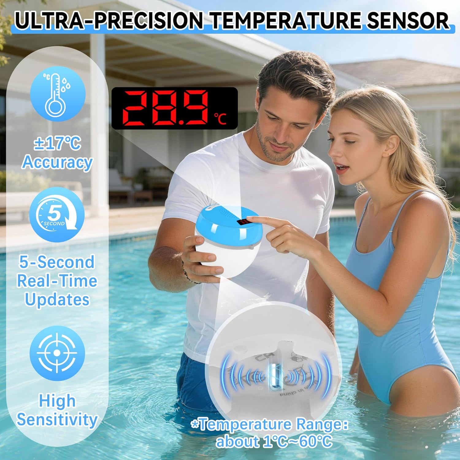 Detalle de AearKing 3 en 1 Enceinte Bluetooth Piscine: Thermomètre Numérique, Lumière Ambiance et Son Stéréo IP68