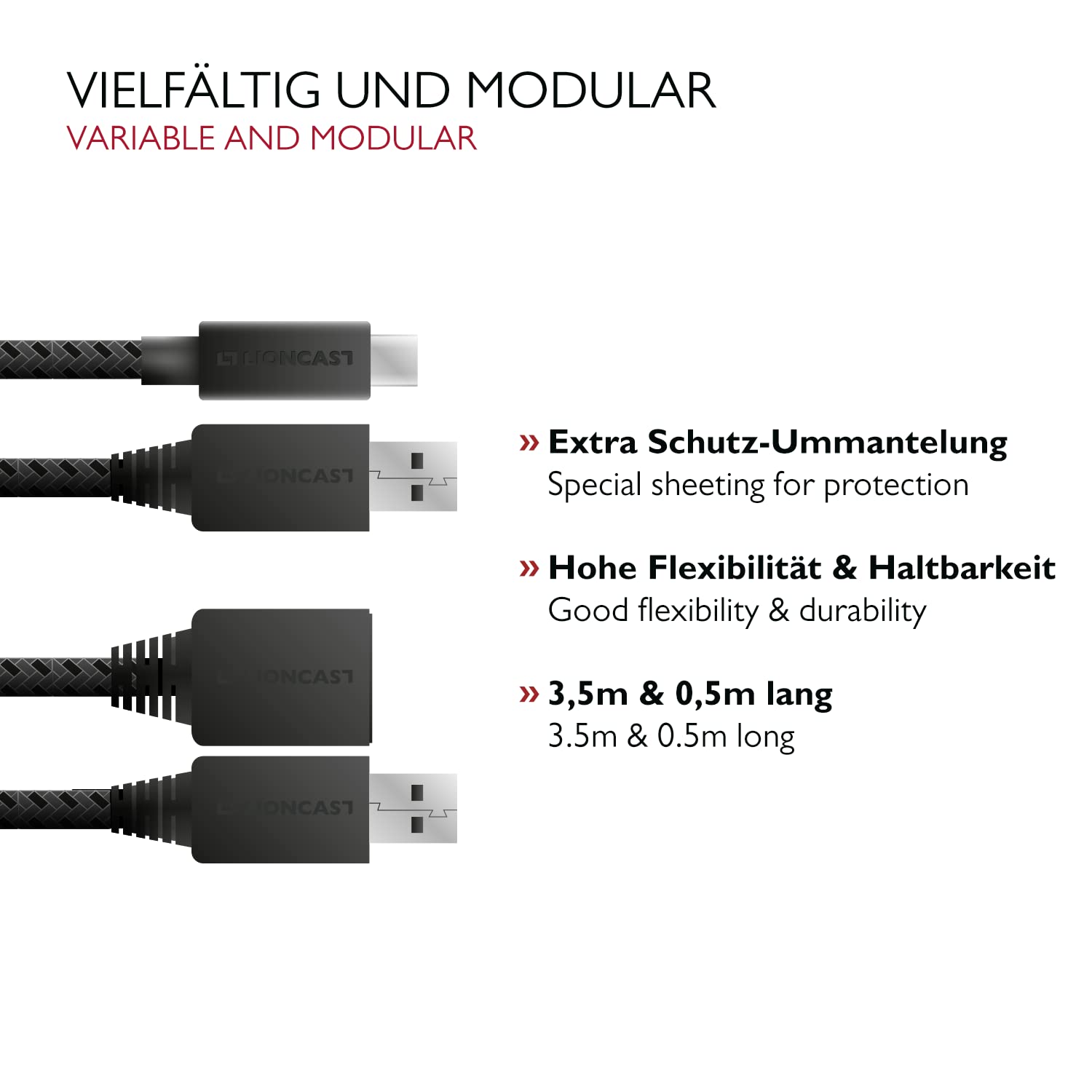 Thumbnail 6 de Lioncast Ladekabel für Xbox / PS5 – 4 m Set (3,5 m + 0,5 m) mit Nylonmantel und Schnell-Ladekabel für DualSense