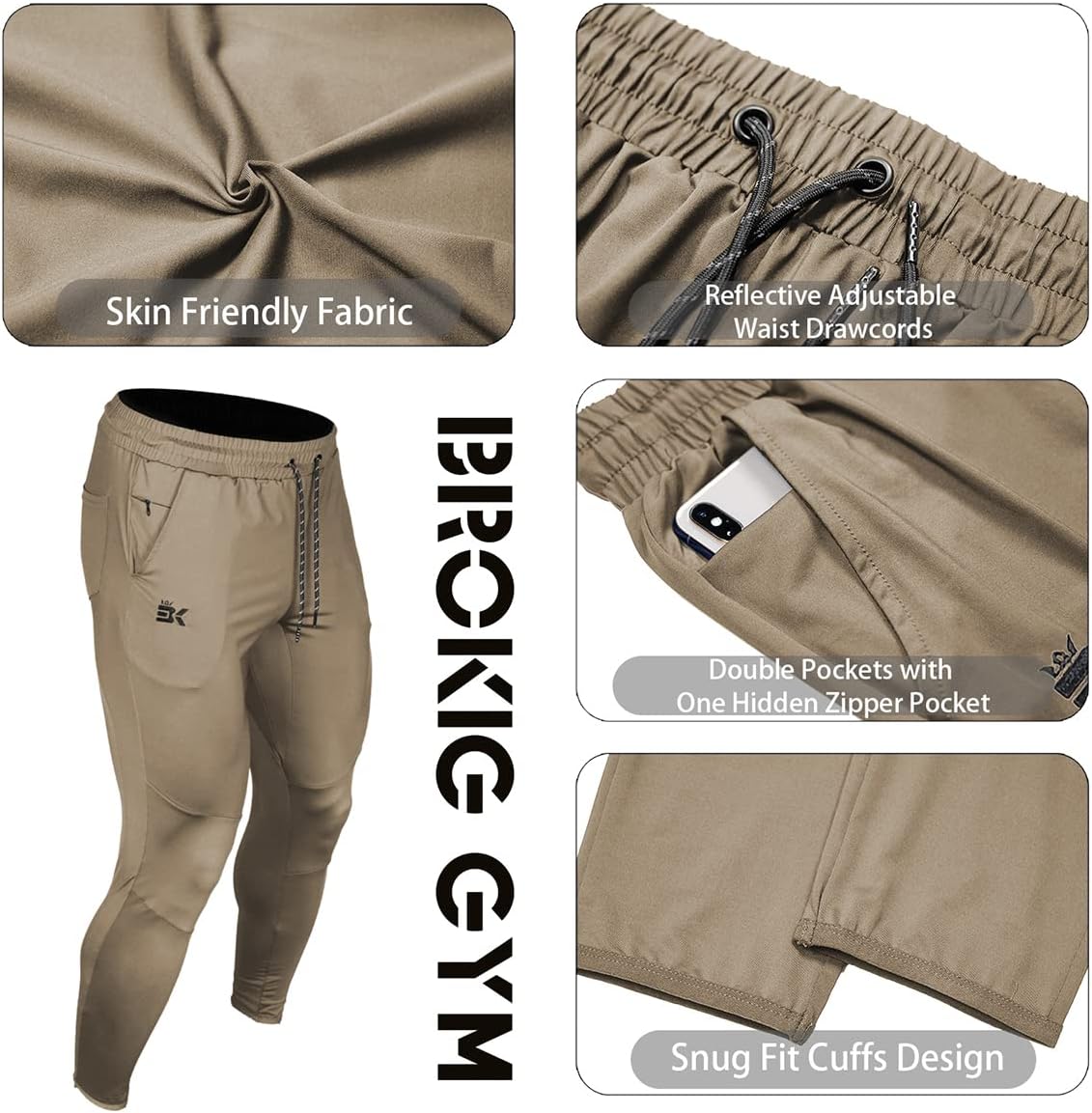 Detalle de BROKIG Lightweight Gym Jogger Pants for Men with Zip Pocket