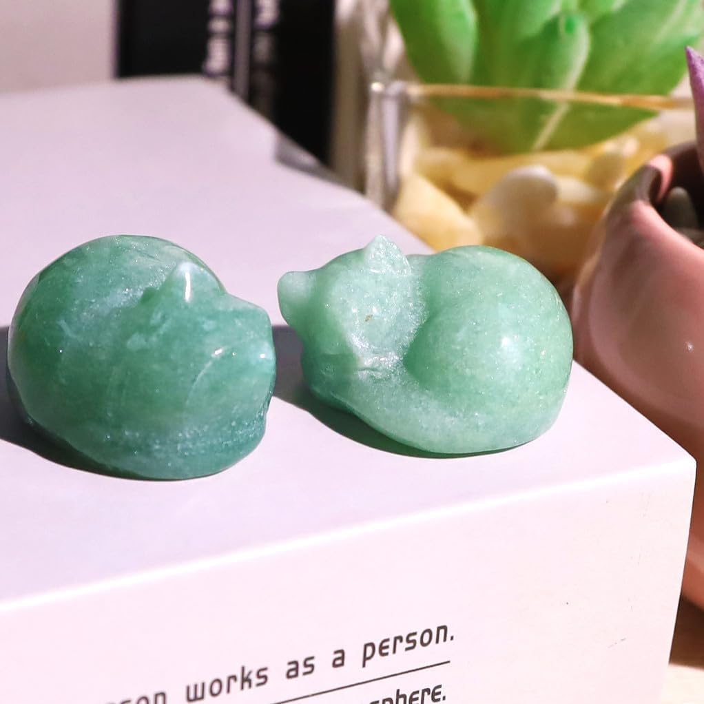 Detalle de XIANNVXI Green Sleeping Cat Ornament 38mm Aventurine Crystal Figurine