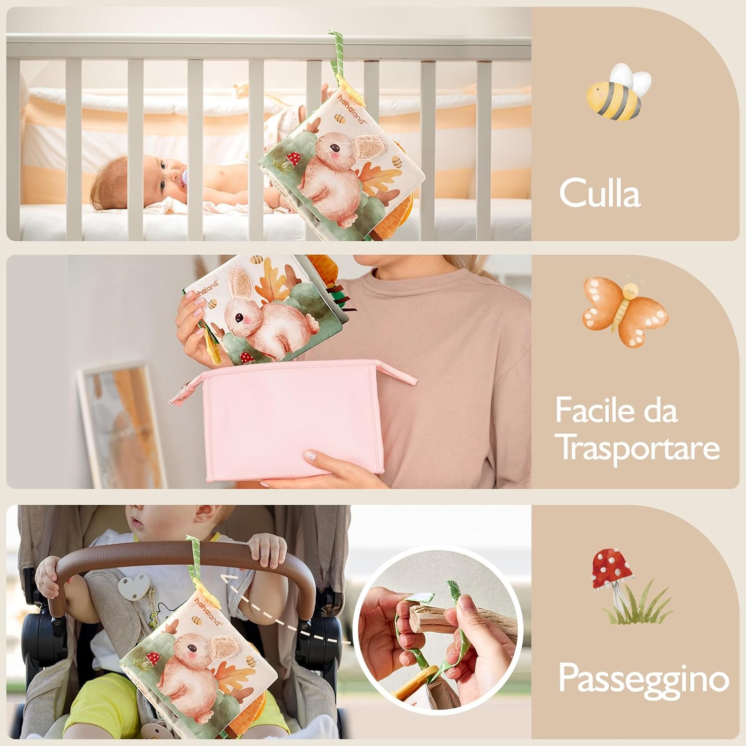 Thumbnail 5 de hahaland Libri di Stoffa Neonati 0-6 Mesi – Libro Tattile Interattivo con Animali e Specchio per Passeggino