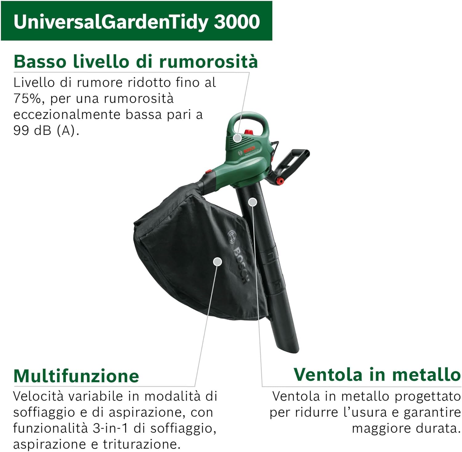 Thumbnail 1 de Bosch UniversalGardenTidy 3000 3 in 1 soffiatore/aspiratore elettrico da 3000 W con sacco 50 L, verde