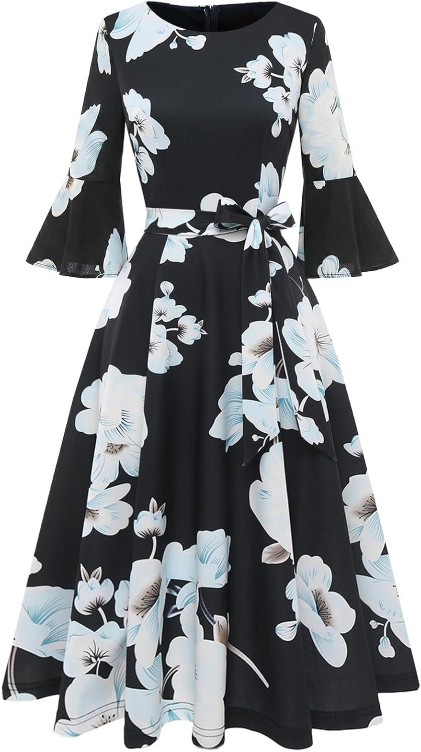 Thumbnail 6 de HomRain Women’s Modest Church Dress with Bell Sleeves, Vintage A-Line Midi