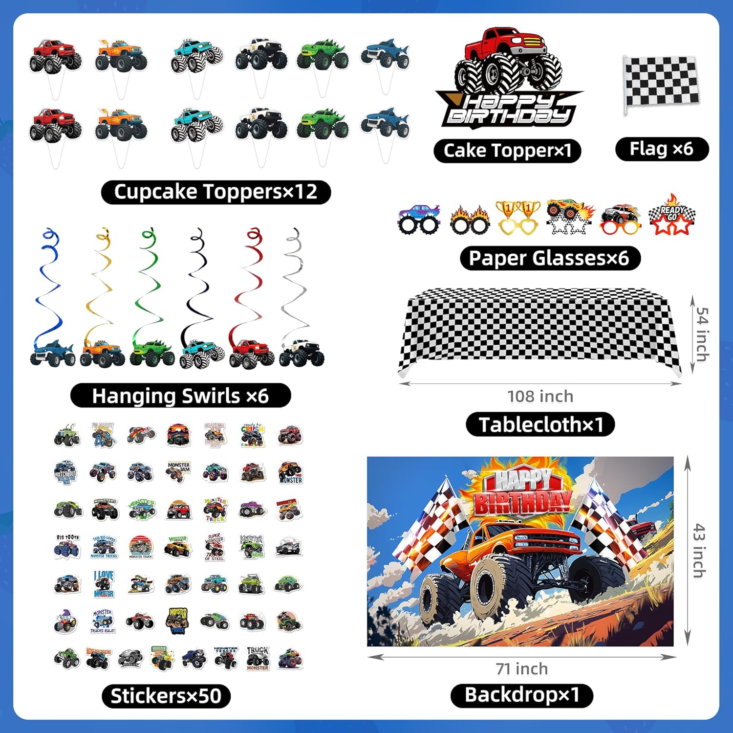 Thumbnail 4 de 140Pcs Monster Truck Birthday Decorations Kit with Backdrop and Checkered Tablecloth