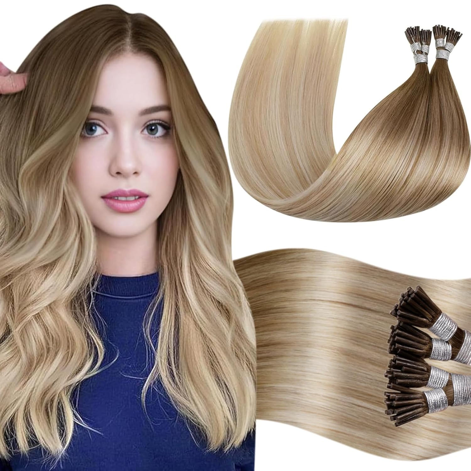 Detalle de LaaVoo I Tips Real Human Hair Extensions – Balayage Brown to Ash Blonde (18in, 50g, 60s)