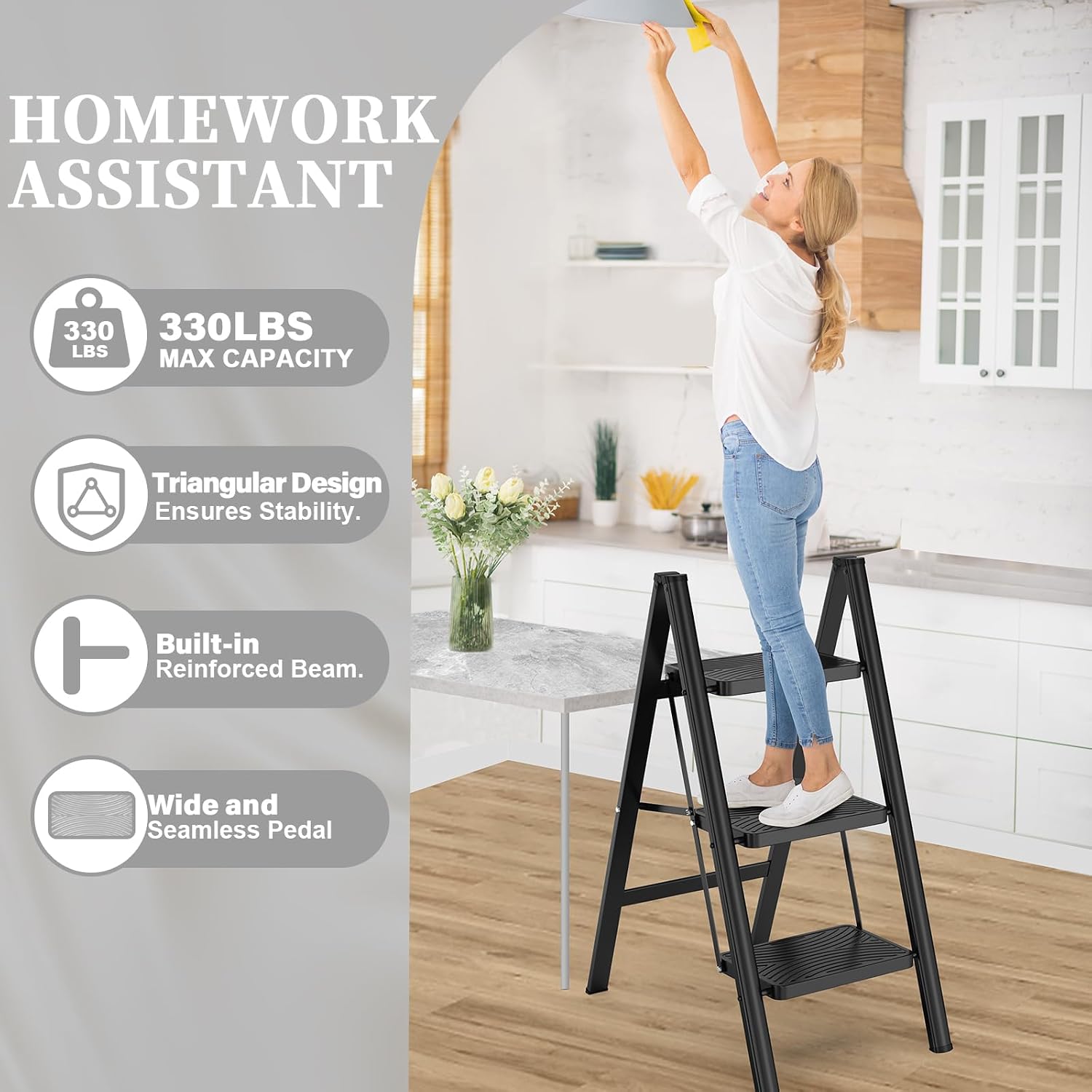 Detalle de HBTower USAZFJHR-ZL15031501 3-Step Folding Step Ladder, Anti-Slip Pedals, Black