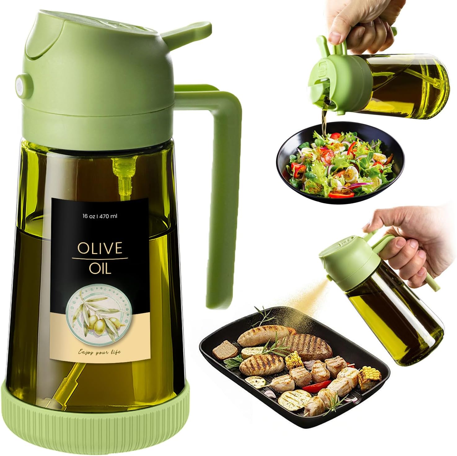 Detalle de TrendPlain Ver002 470 mL Glass Olive Oil Dispenser and Sprayer, Green