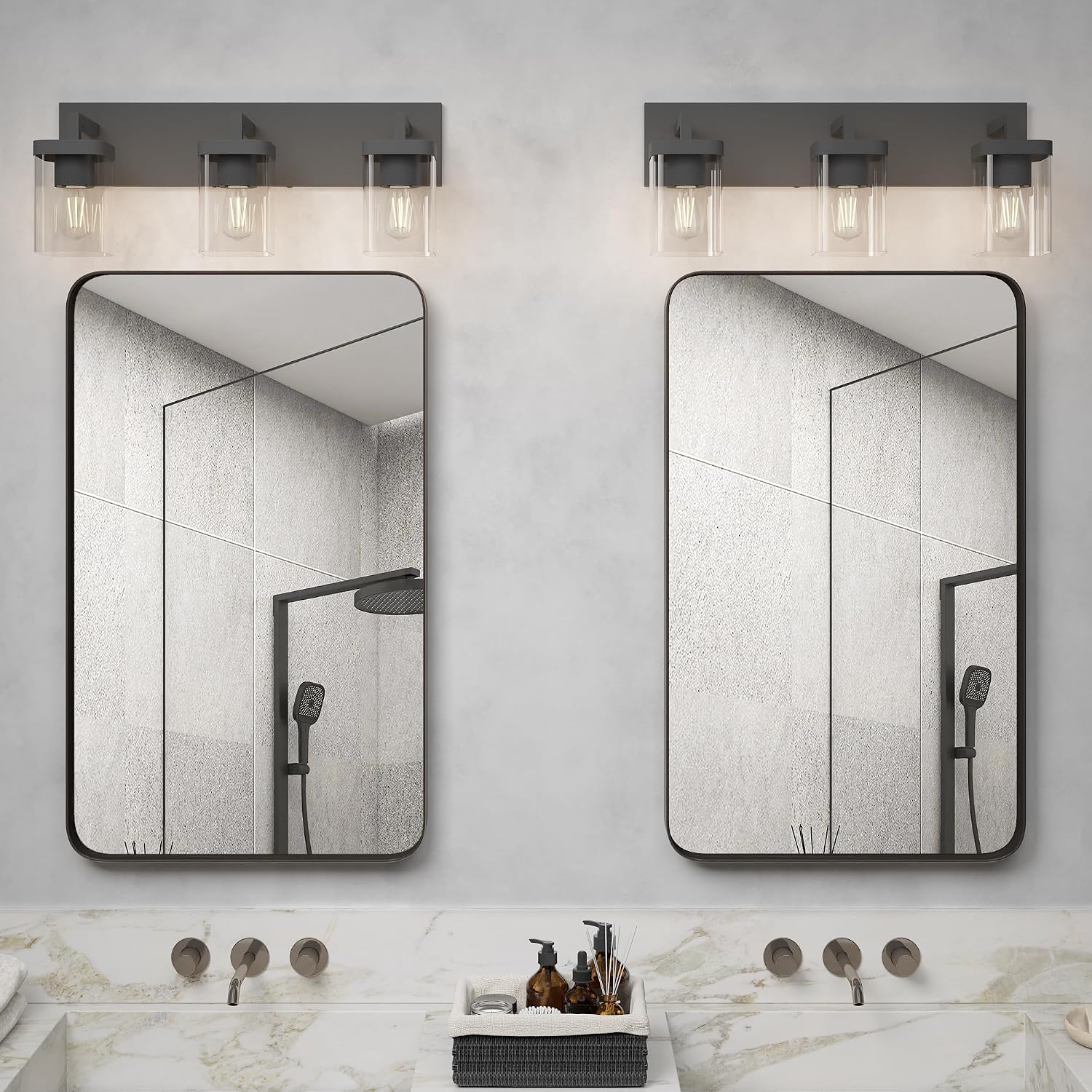 Thumbnail 6 de Danshinro 3-Light Bathroom Vanity Light, Black Metal with Glass Shades