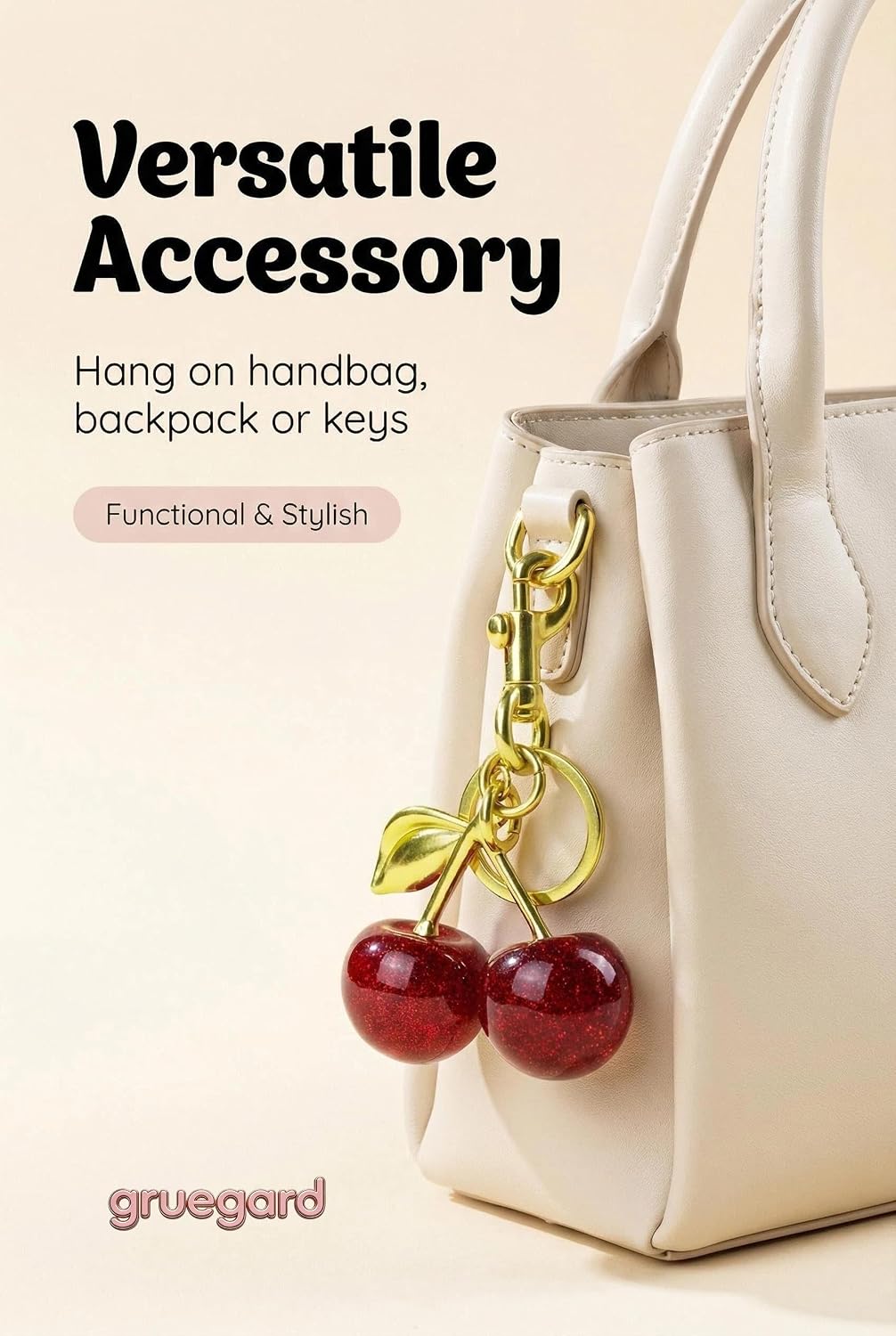 Detalle 2 de GrueGard Porte-clés cerise pour sac (cherry charm) – bijou de sac mignon, attache rapide pour clés et sac à dos