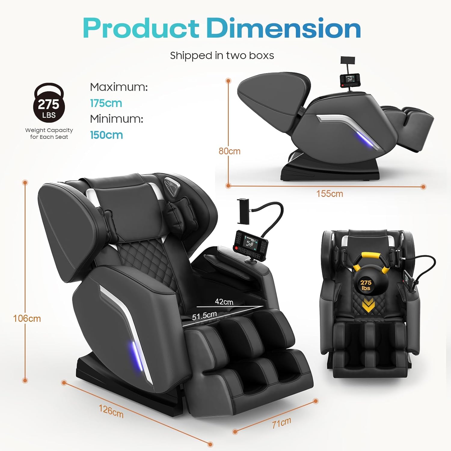 Detalle de NAGLIFOR Poltrona massaggiante con riscaldamento, 14 rulli, 9 airbag e Bluetooth con controllo da smartphone