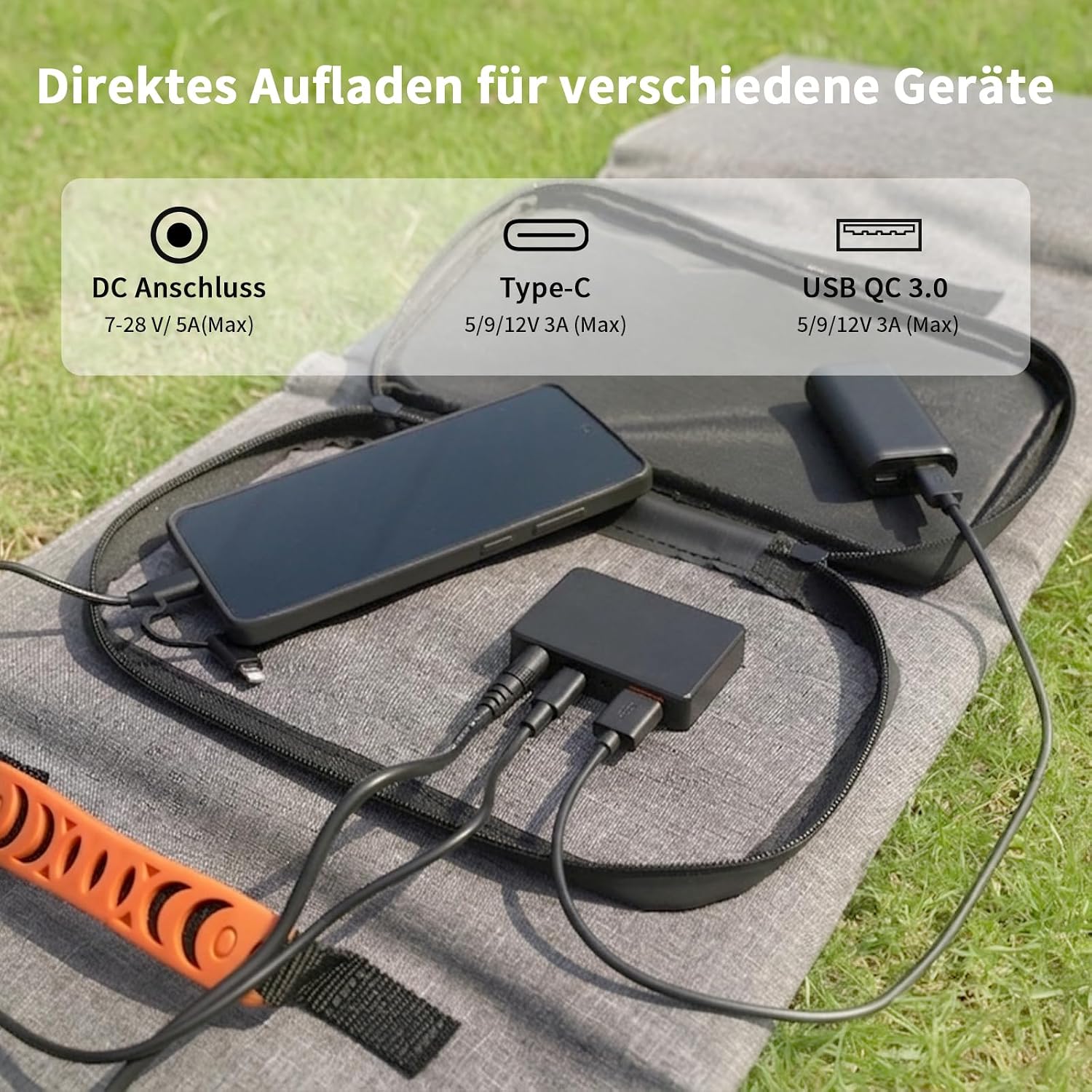 Detalle de 120W faltbares Solarpanel mit 19V Solar-Ladegerät: USB-C, USB-A & DC für Power Stations (IP65)