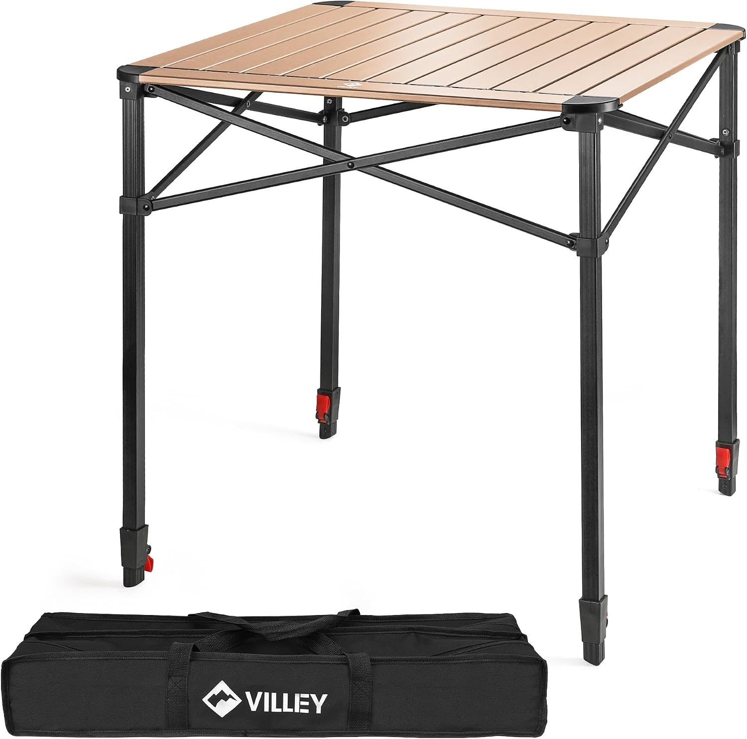 Detalle de VILLEY Tavolo Pieghevole Campeggio in Alluminio con Borsa, Altezza Regolabile 70x70x78 cm – Oro