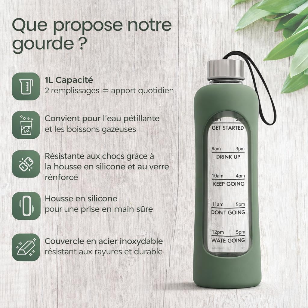 Thumbnail 1 de Amalindo gourde en verre 1 l – vert olive, avec brosse et coque silicone