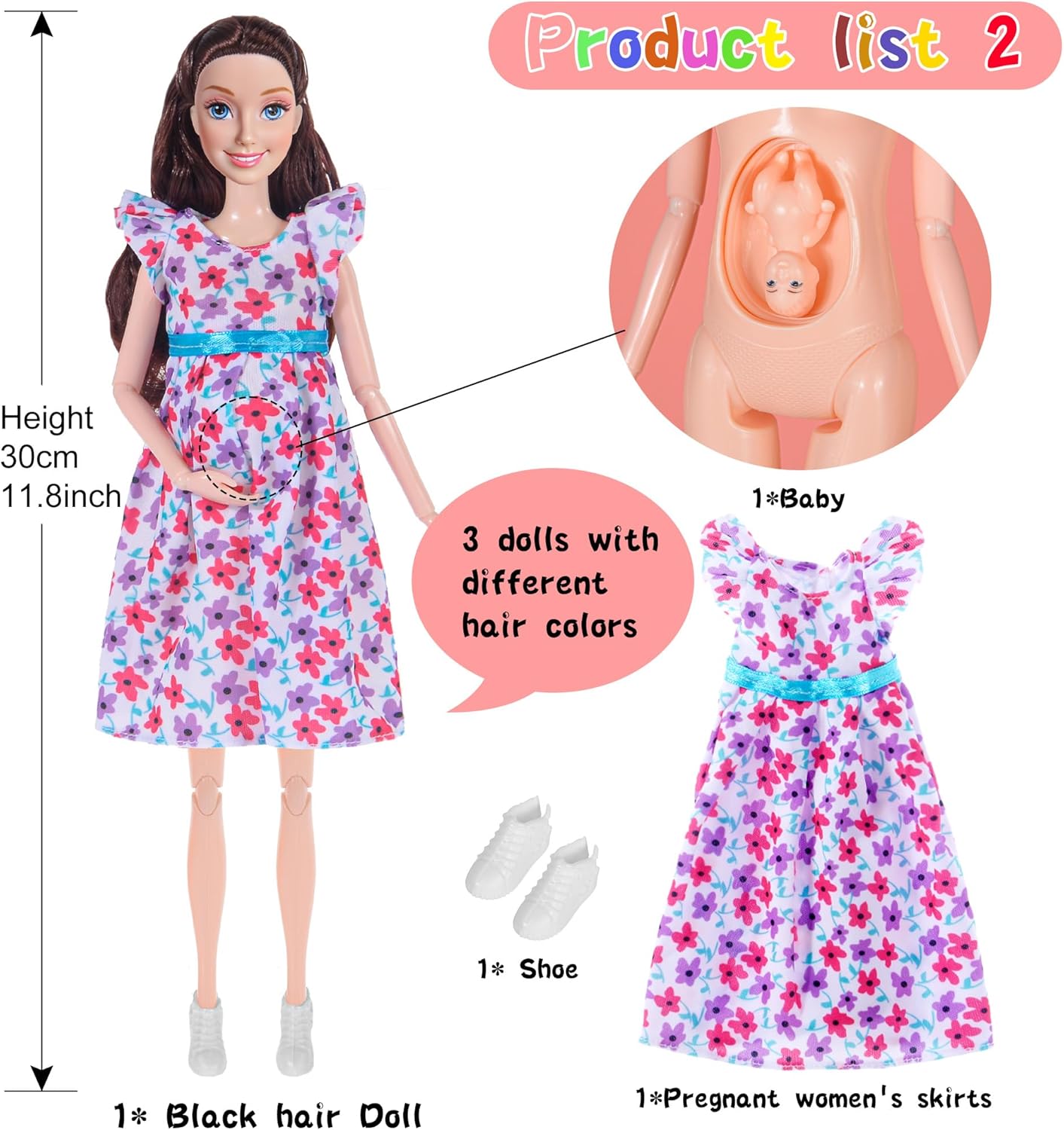 Detalle de dollbie 3体セット 妊婦ドール 約29.2cm お腹を交換可能、赤ちゃん・ドレス付き