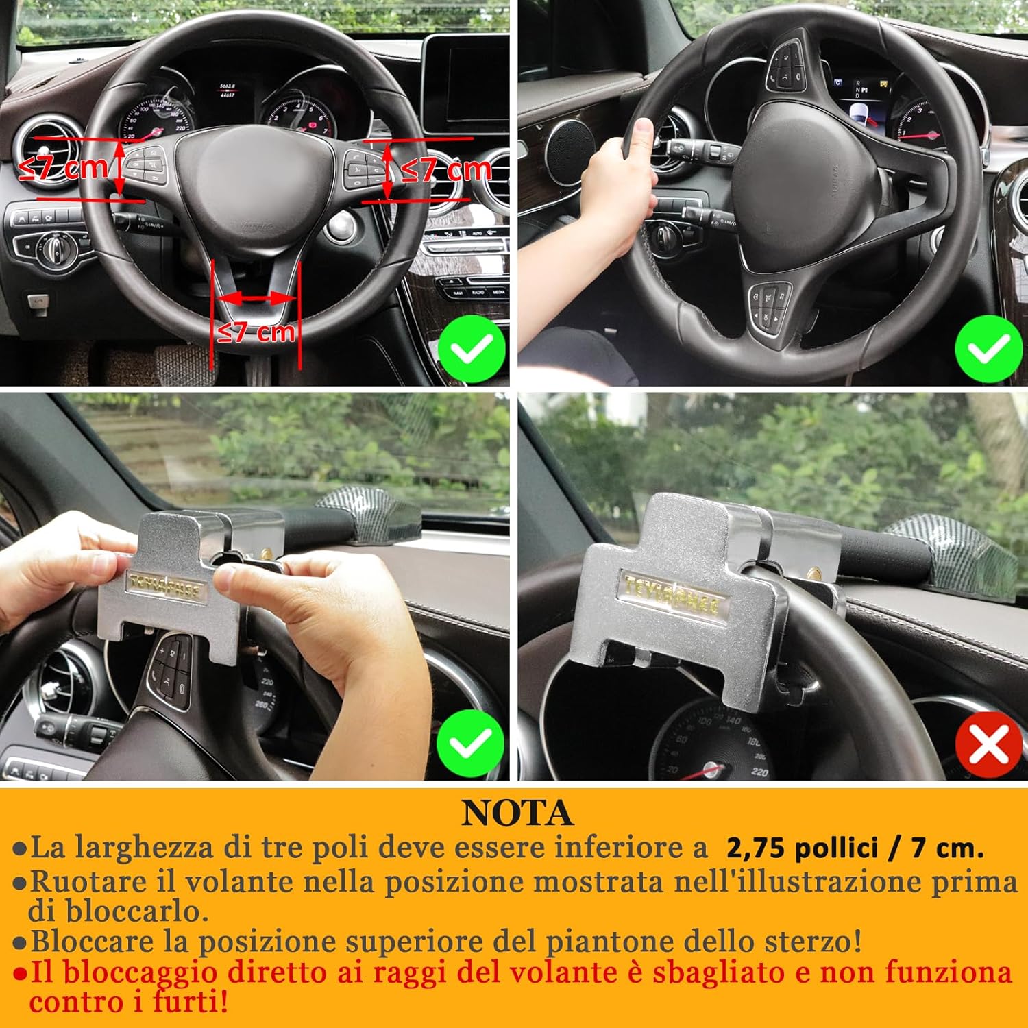 Detalle de Tevlaphee Blocca Sterzo con allarme 120 dB, antifurto meccanico universale