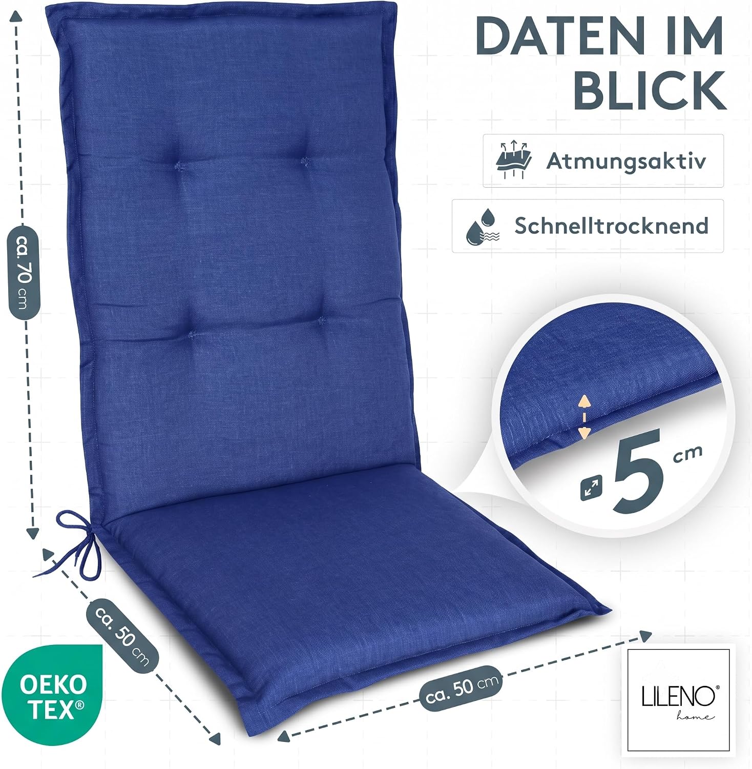 Detalle de LILENO HOME Gartenstuhl Auflagen 2er Set Hochlehner Blau Uni – Bequeme Sitzauflagen für Gartenmöbel