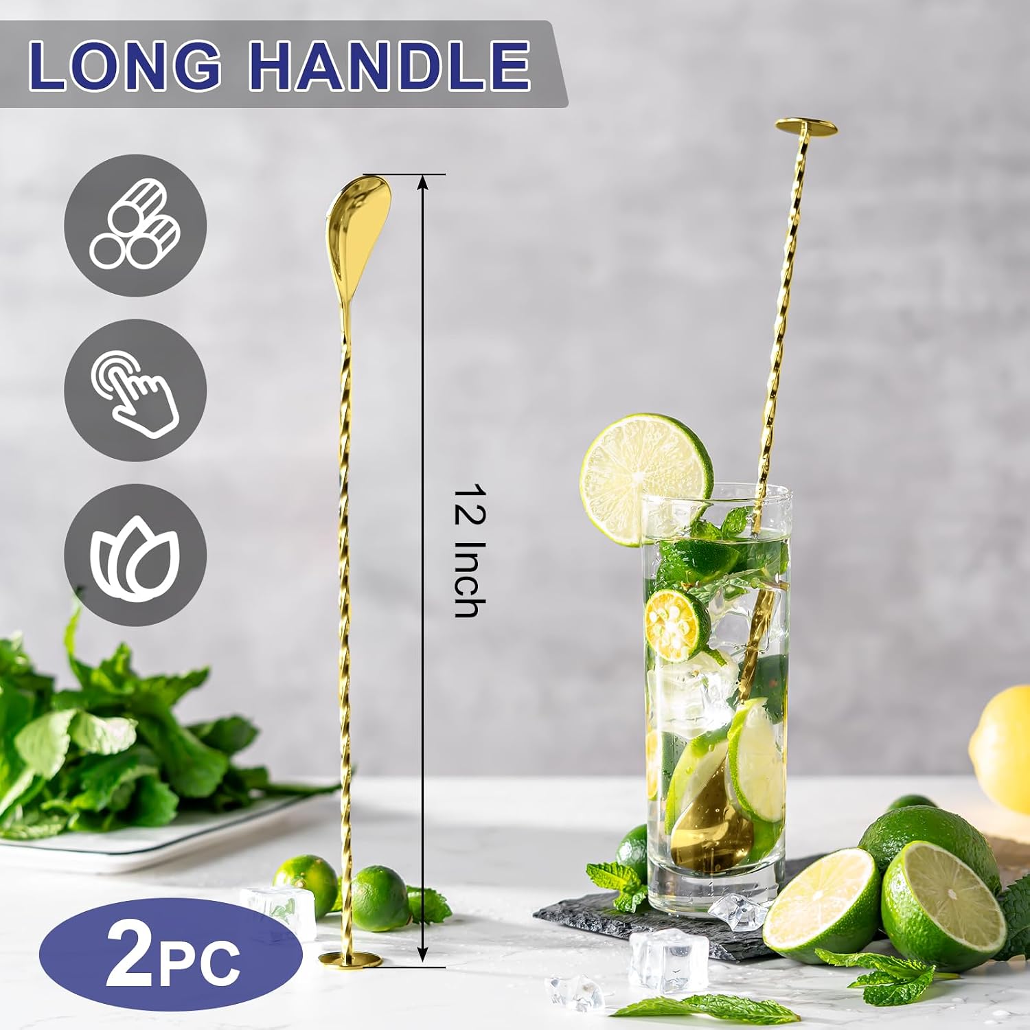 Detalle 2 de BRIOUT BarSpoon-12Inch Cocktail Mixing Spoons, 2-Piece Gold 18/8 Steel Set