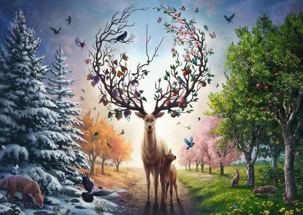 Detalle de Ravensburger Puzzle 1000 Pezzi 50° Anniversario: Il Cervo Magico e le Quattro Stagioni (70 x 50 cm)