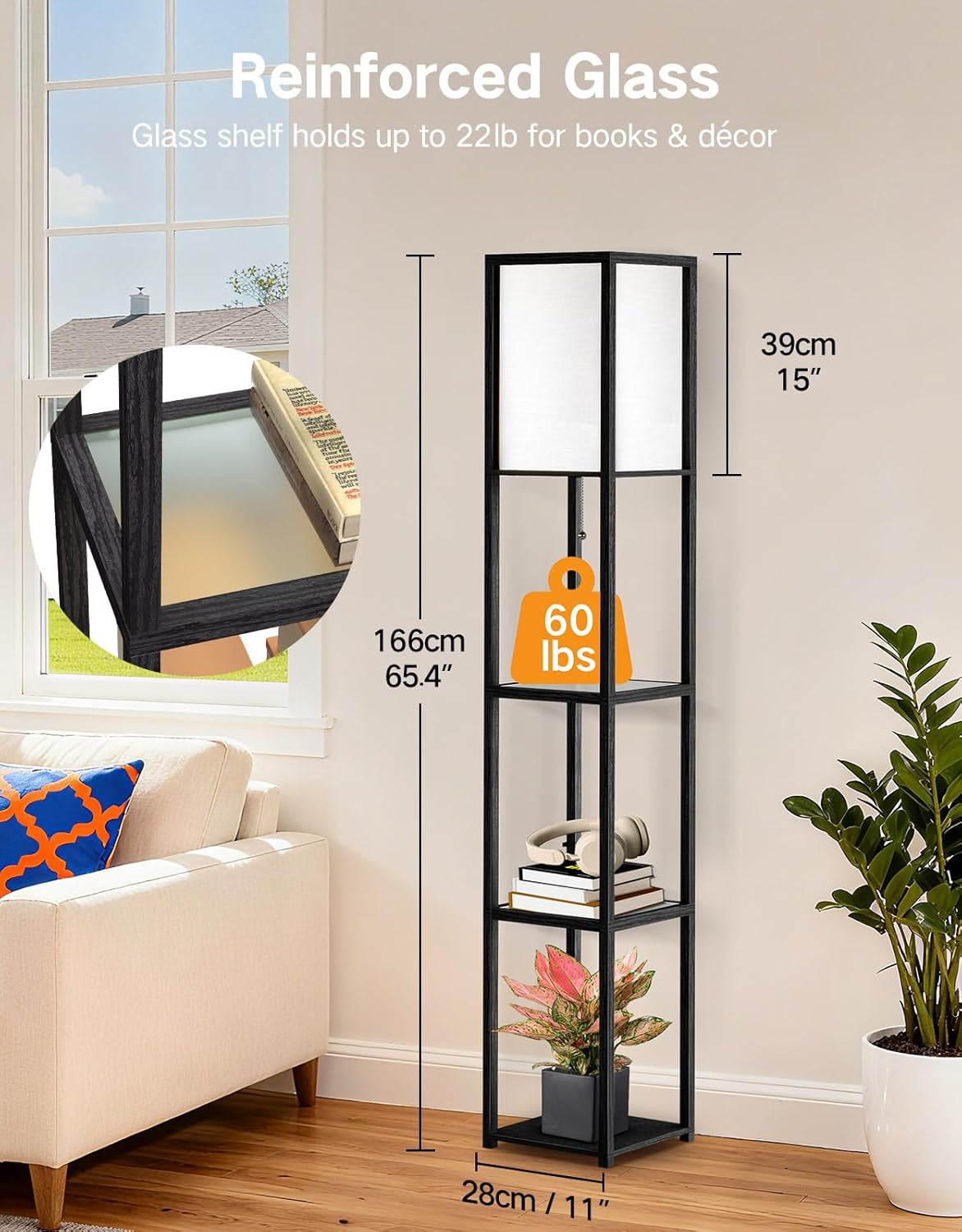 Thumbnail 2 de OUTON Stehlampe mit Glasablagen – Einstellbare Farbtemperaturen (3000K–6000K), LED, Holz Eck-Display, Schwarz