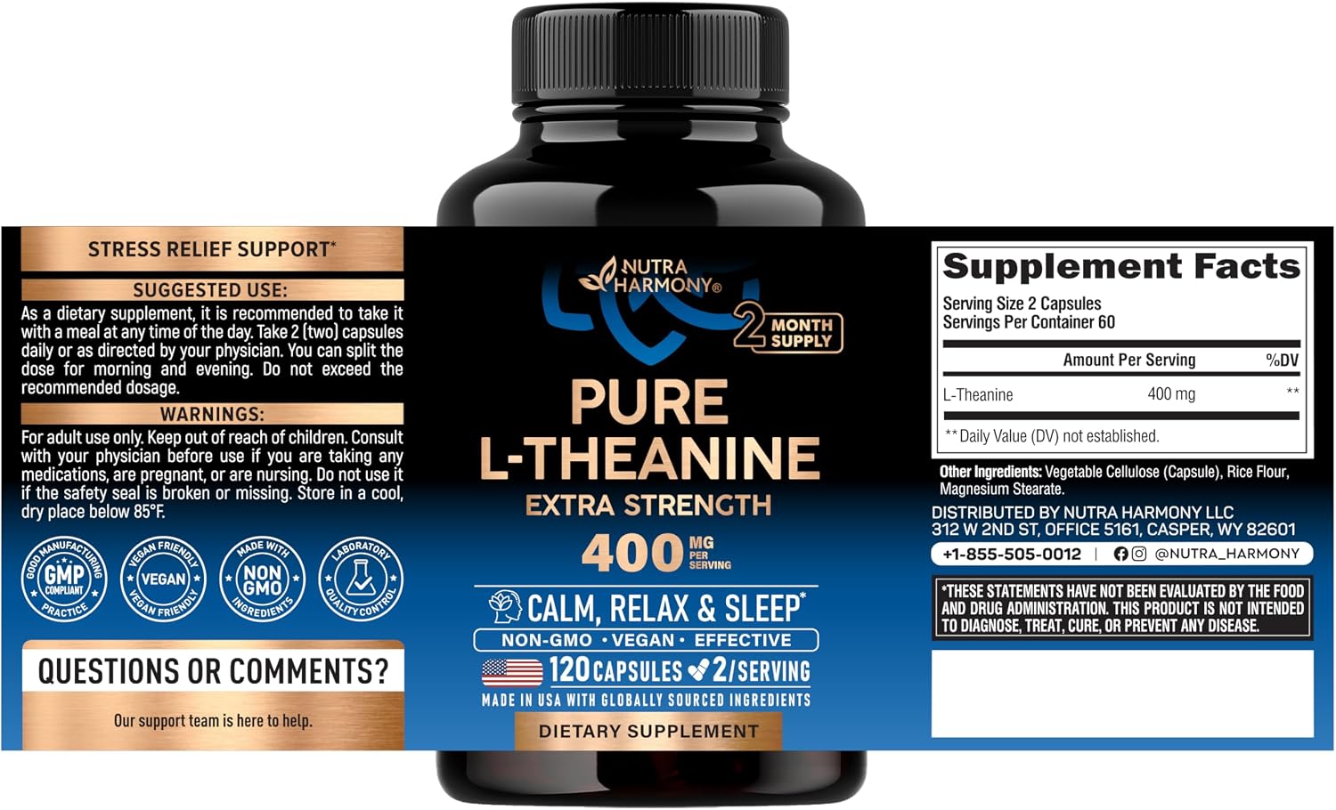 Detalle de NUTRAHARMONY 5 L-Theanine 400 mg, 120-Capsule Vegan Supplement