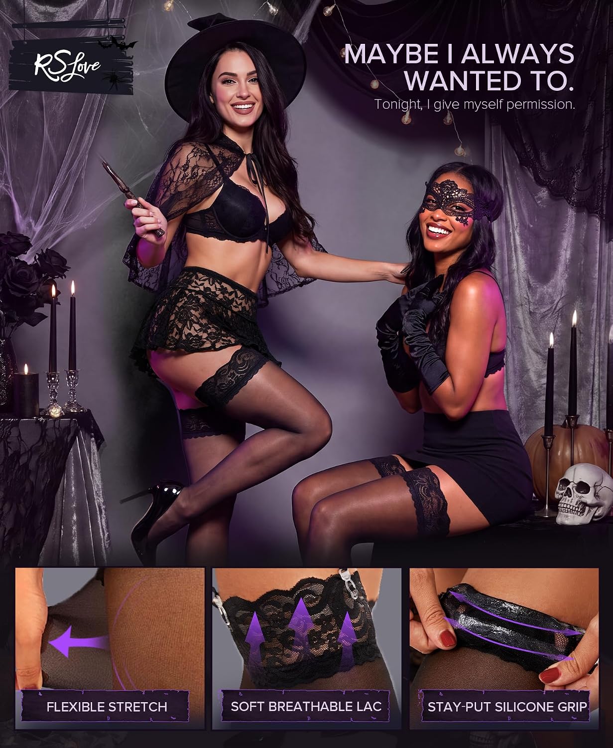 Thumbnail 2 de RSLOVE Lace-Top Sheer Thigh-High Stockings with Silicone Grip and Shimmer