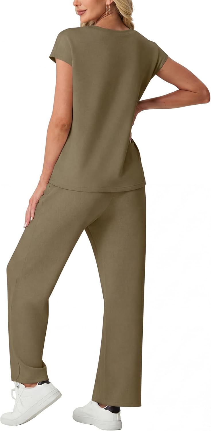 Detalle de GRECERELLE Women's Tracksuit Full Set: Summer Short Sleeve Lounge Wear Two-Piece