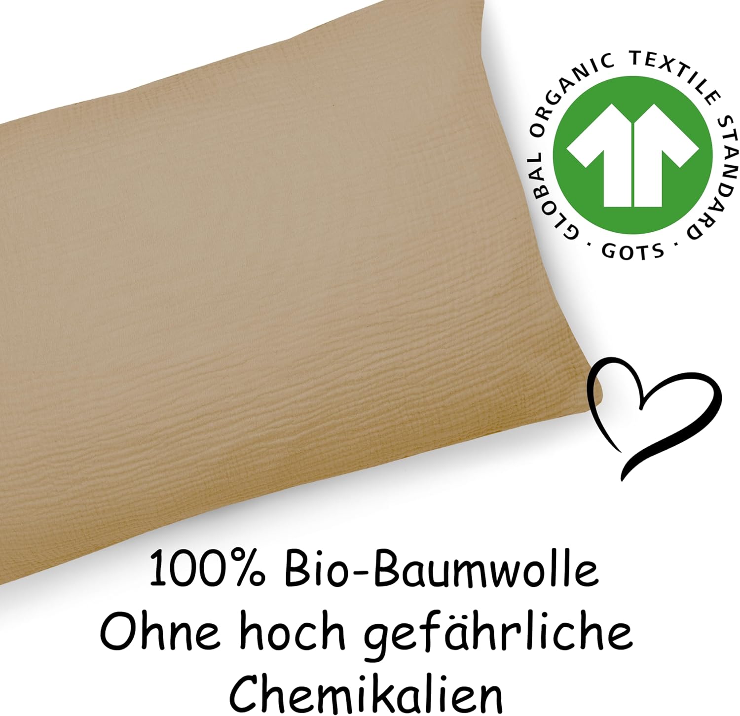 Thumbnail 1 de PinkZebra Bio-Musselin Kopfkissenbezug 40 x 80 cm (ÖkoTex/GOTS), mit Reißverschluss, beige