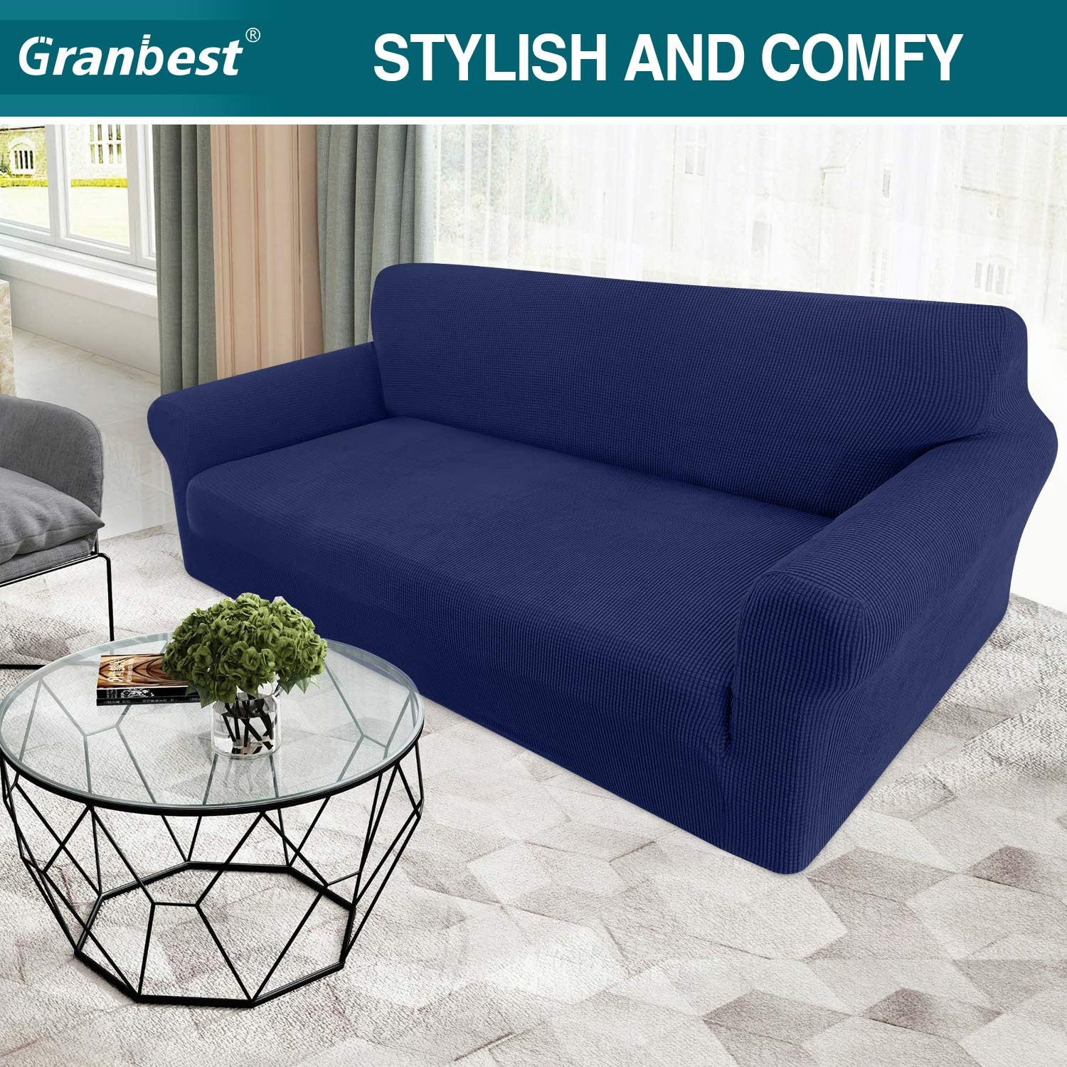 Thumbnail 1 de Granbest High Stretch 3 Seater Sofa Cover (Navy Blue) with Jacquard Spandex Fit