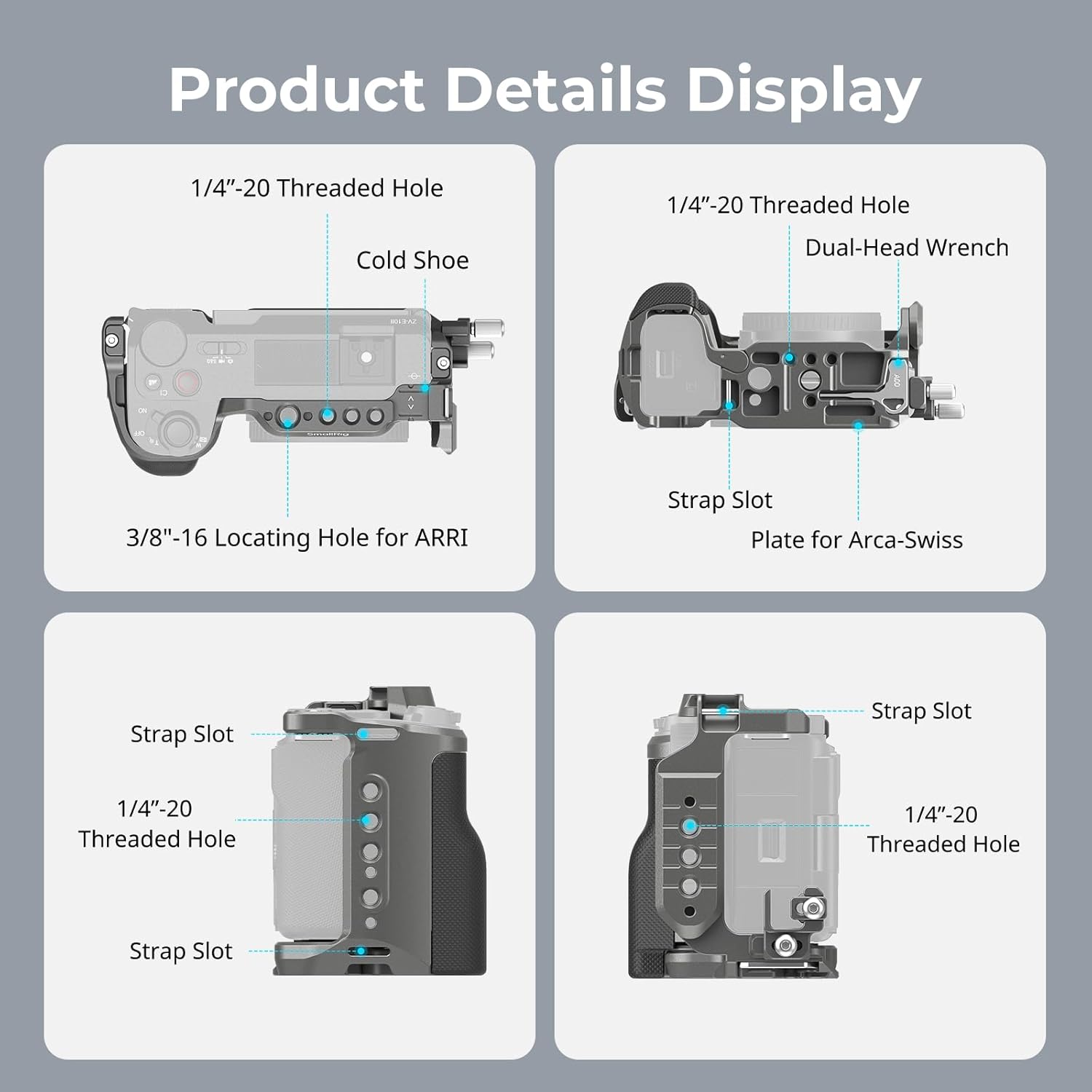 Detalle 2 de SMALLRIG ZV-E10 II HawkLock Quick Release Cage Kit 4949 con impugnatura in silicone, piastra Arca e morsetto HDMI