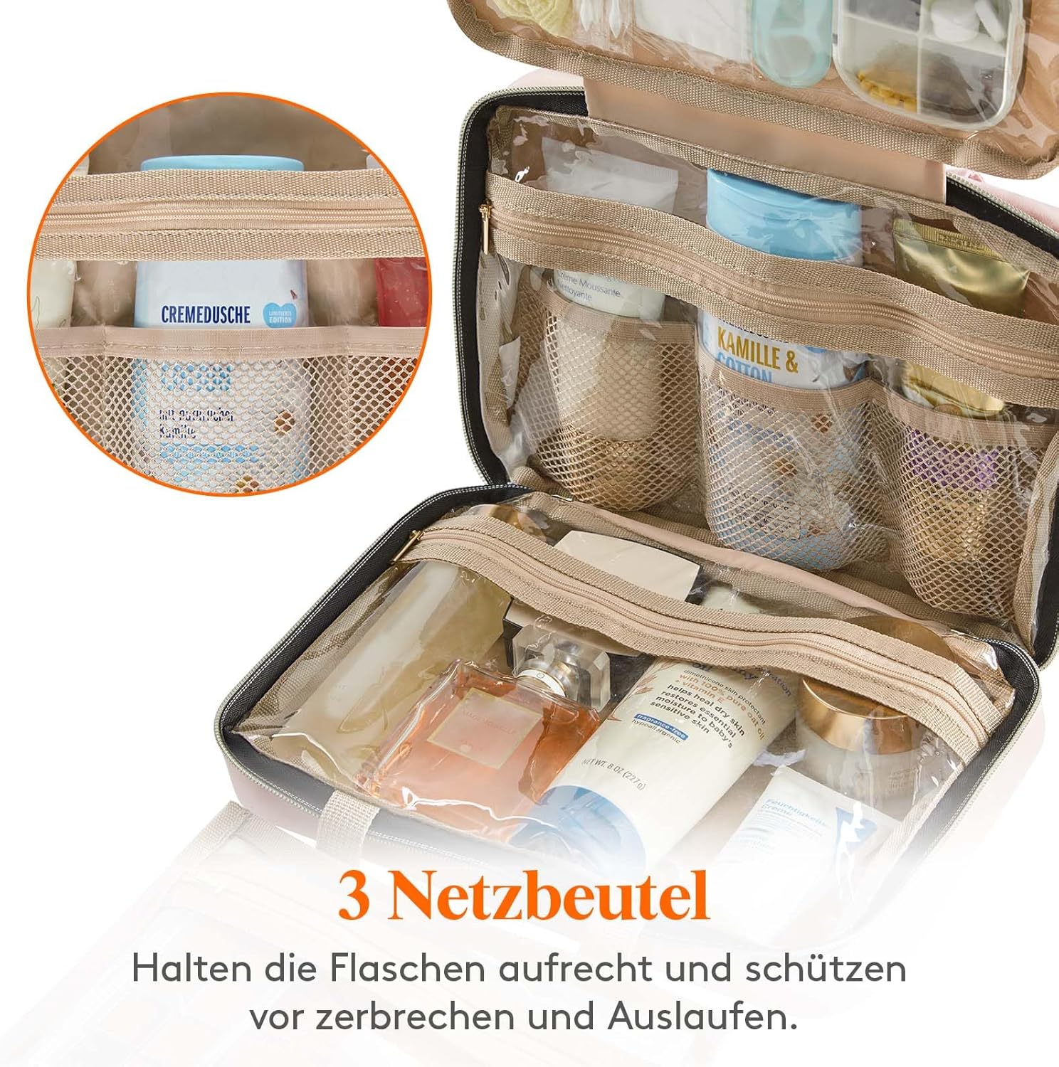Detalle 2 de Lifewit Reise Kulturbeutel Damen – Große, aufhängbare Kosmetiktasche mit PVC-Design, Rosa (Medium)