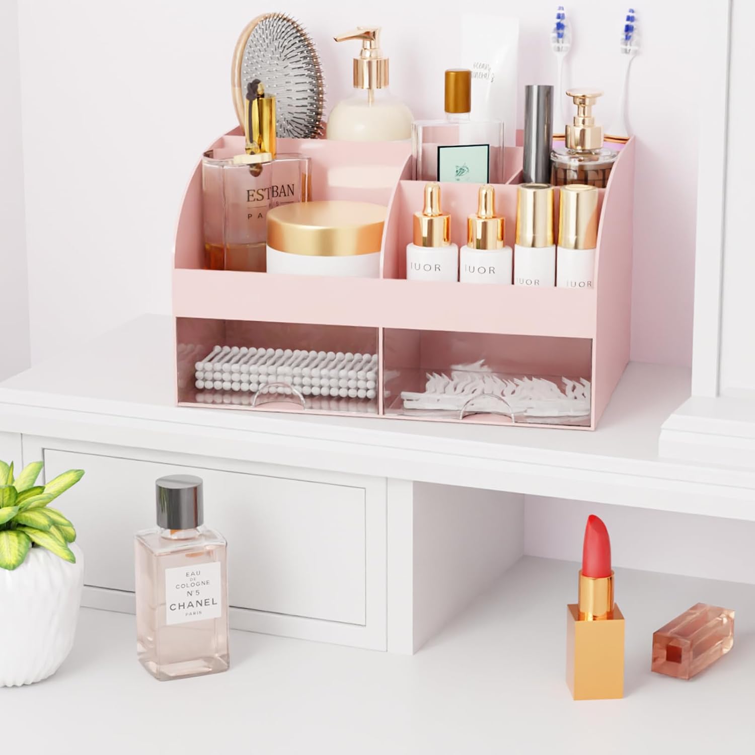 Thumbnail 4 de Makeup Organizer with Drawers (Pink, 2-Pack) – Compact Cosmetic Storage for Vanity and Countertop