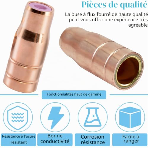 Detalle de Buse fil fourré EATBALE pour torches 14/15 MIG/MAG – Pack de 4 buses et kit accessoire avec bague céramique