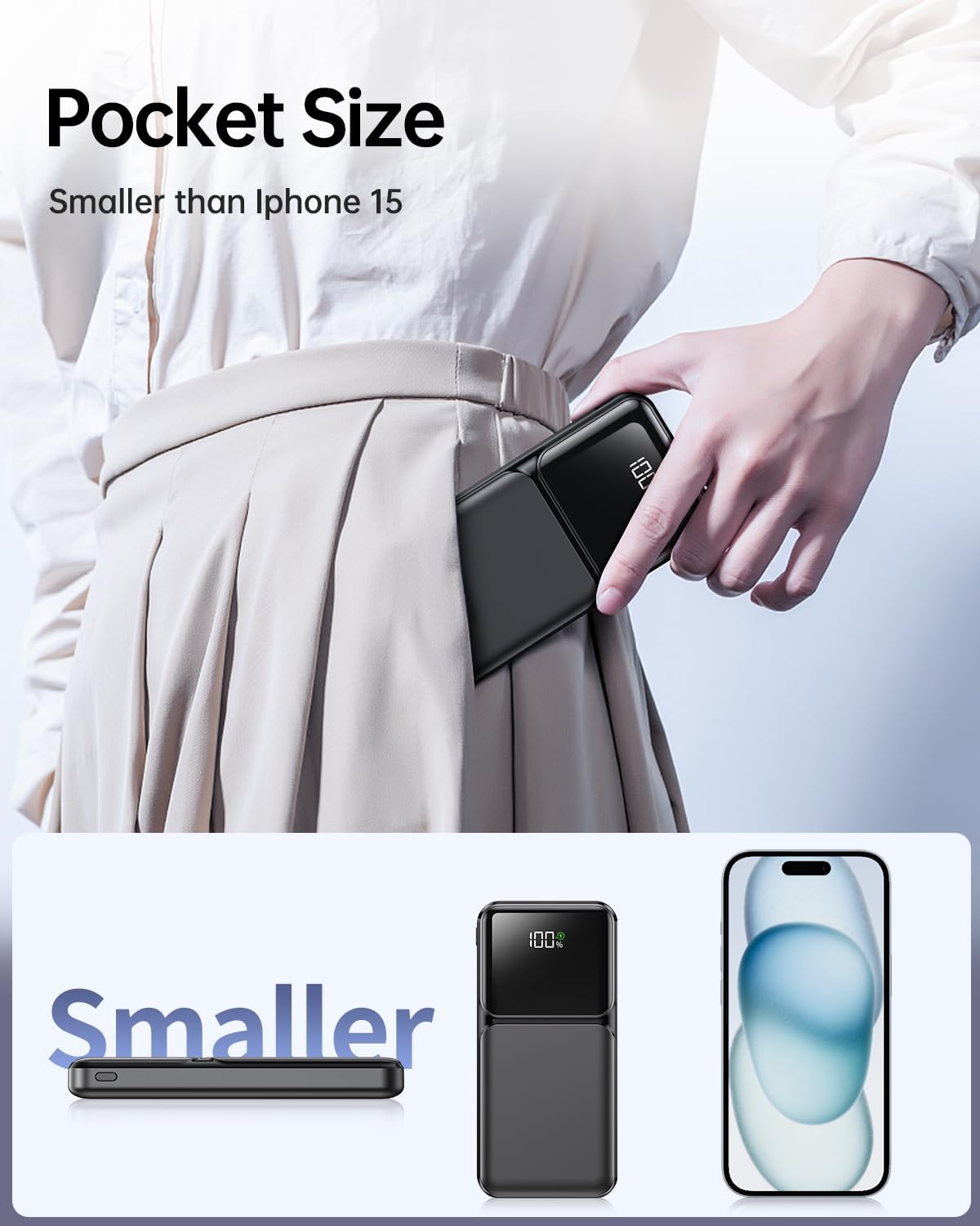 Detalle 1 de RONEGN PA100 20,000mAh Portable Charger with Built-In Cables and 22.5W USB-C