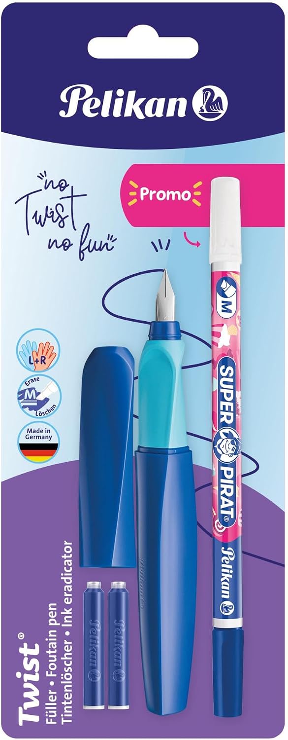 Pelikan Twist in Colori assortiti – penna stilografica ergonomica ricaricabile con pennino M, cancellino e 2 cartucce blu