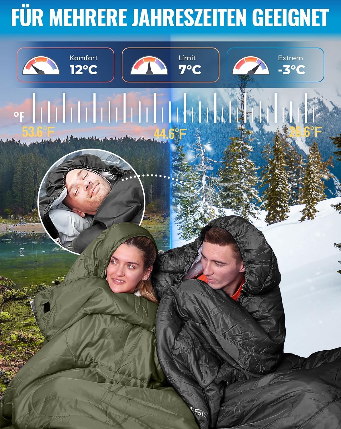 Detalle de KingCamp Schlafsack für Erwachsene – XL, kaltes Wetter, wasserdicht, kompaktes Packmaß