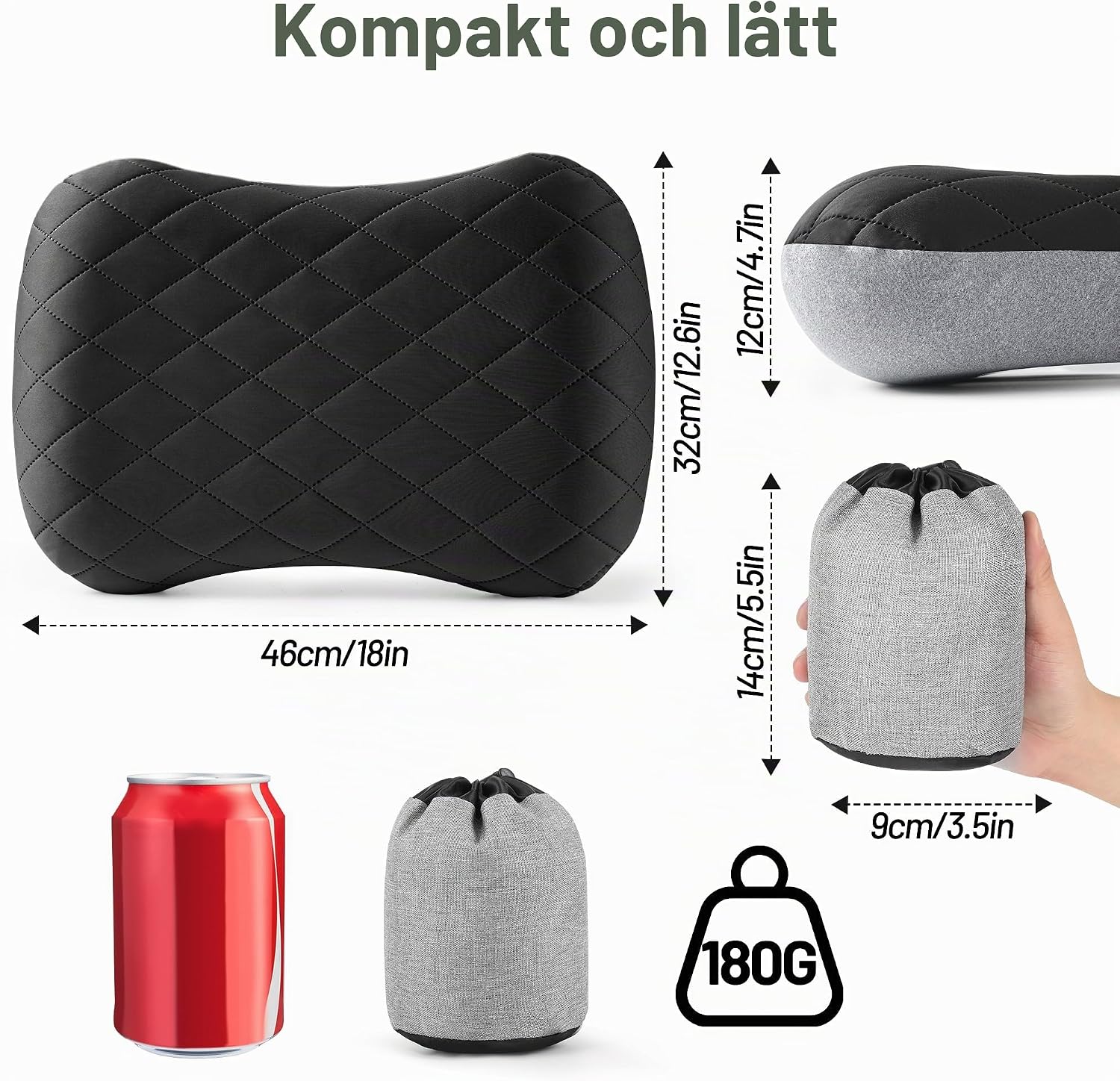 Thumbnail 6 de KUOGAS uppblåsbar kudde 46 × 32 × 12 cm med bärväska, svart