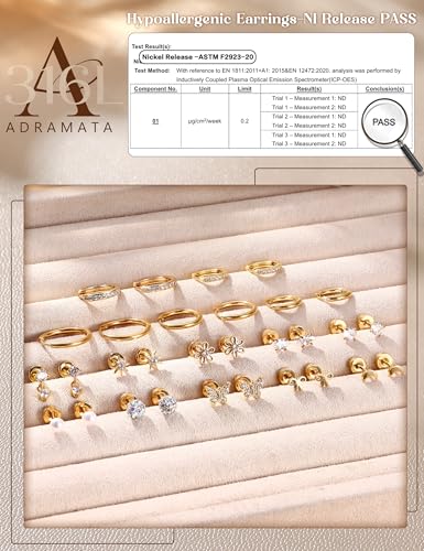 Detalle de ADRAMATA 15Pairs 14K Gold Plated Flat Back Earrings – Hypoallergenic Stainless Steel Stud & Hoop Set