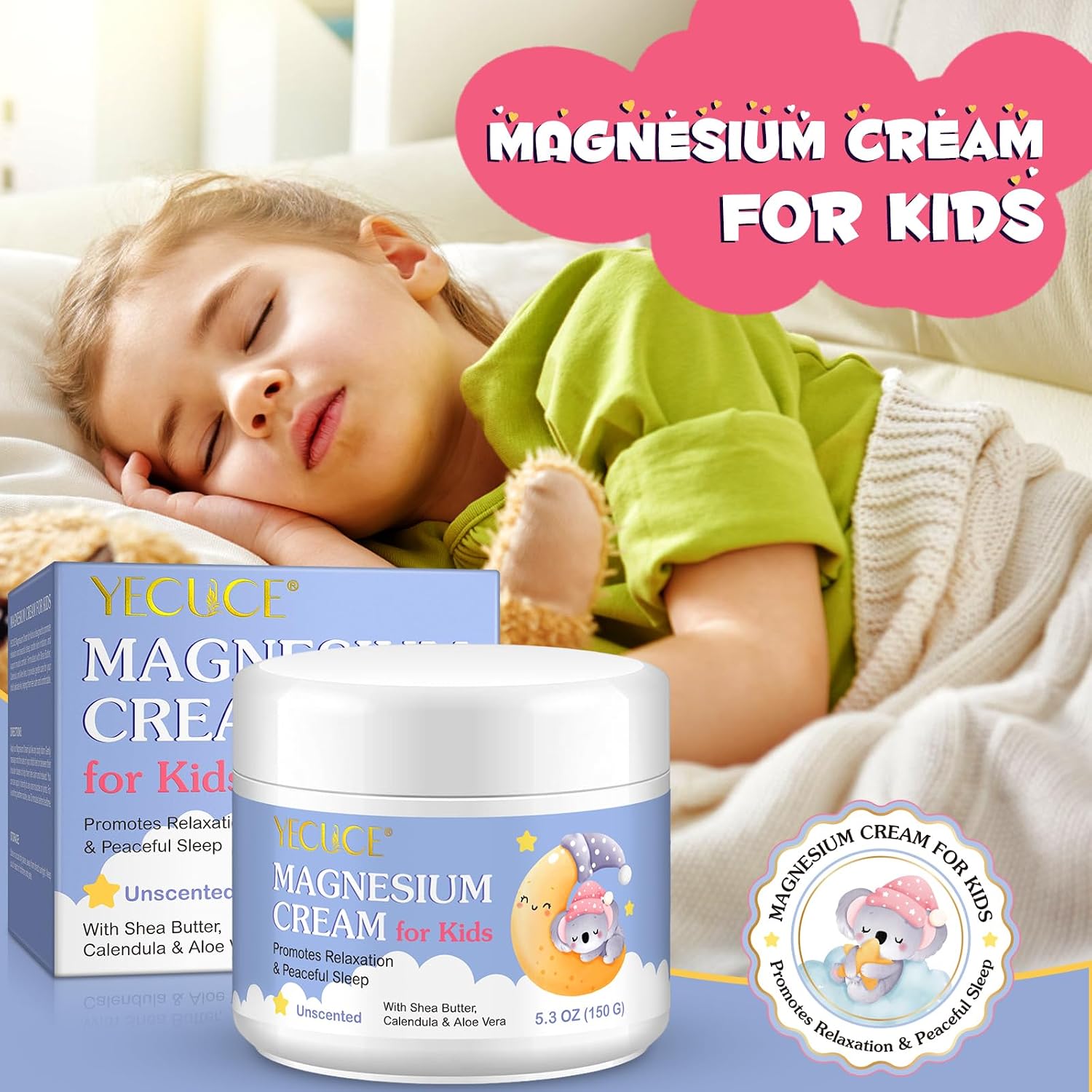 Detalle 2 de RoongDuuDll magnesiumcrème voor kinderen met sheaboter, aloë vera en calendula