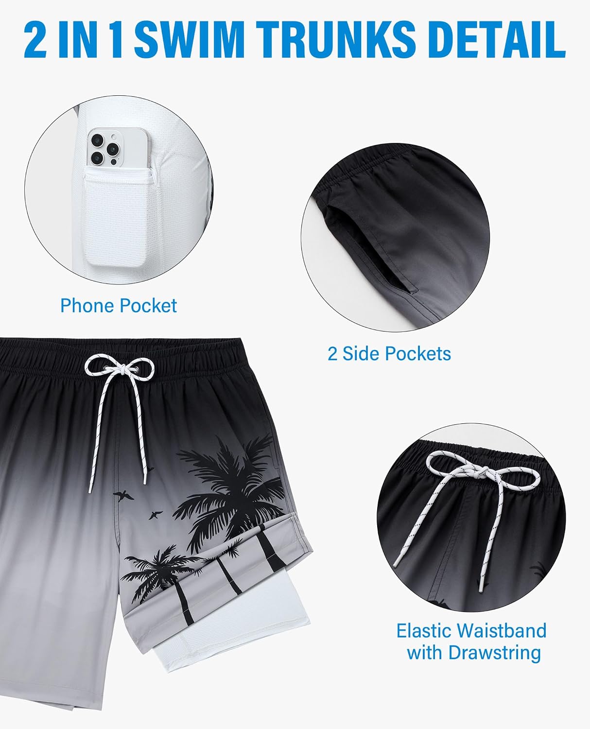 Detalle 2 de Gleeease 9inch Mens Swim Trunks with Compression Liner – Quick Dry, Stretch, and Pockets