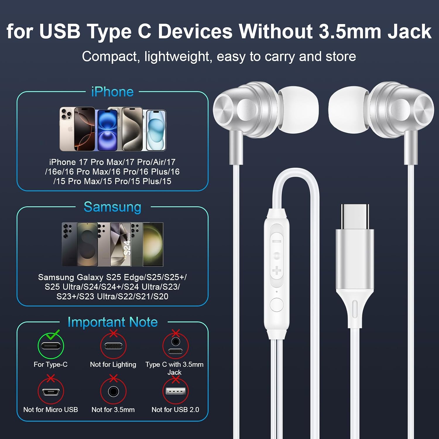 Thumbnail 6 de ANDHOT USB-C有線イヤホン マイク・インラインリモコン・3サイズイヤーピース付き