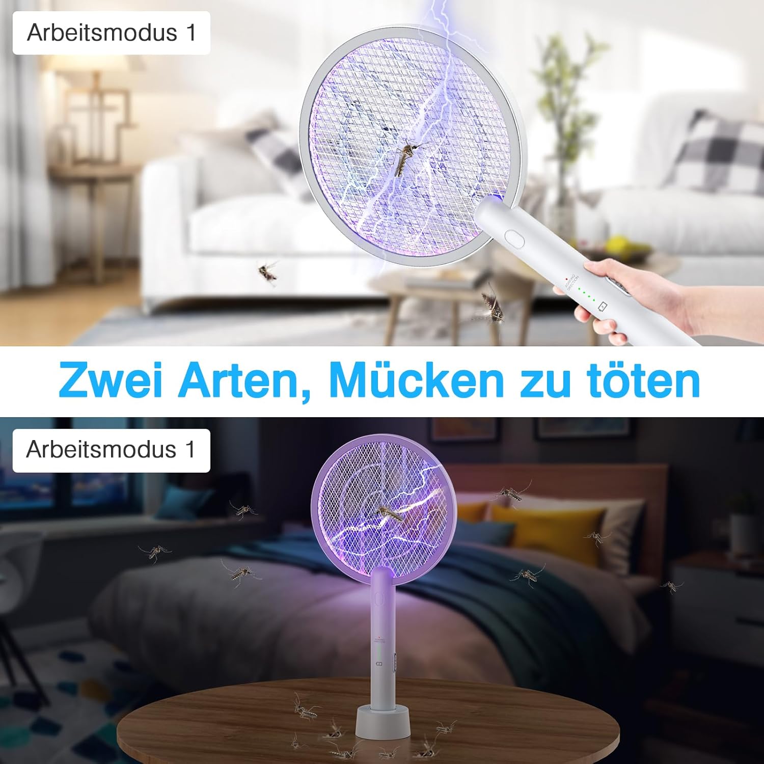 Detalle de PALONE Elektrische Fliegenklatsche Insektenvernichter 2-in-1: 4000V, UV-Lampe, USB-Aufladung