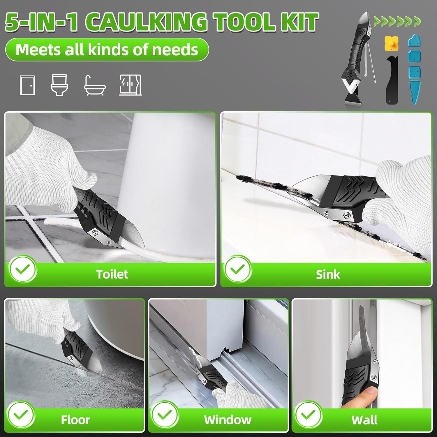 Thumbnail 6 de 5 in 1 Silicone Caulking Tool Kit – caulk sealant remover & smoothing tool with 6 silicone pads (White)