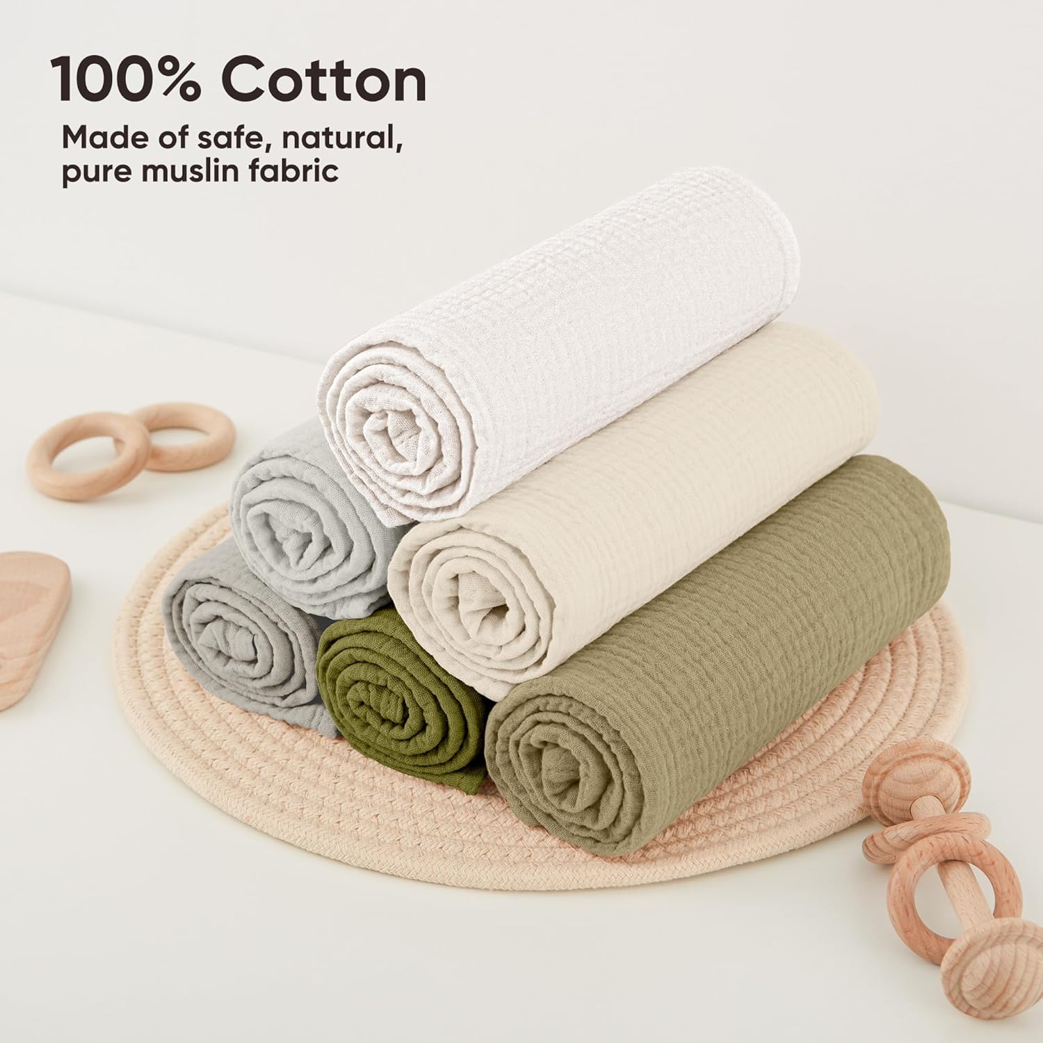 Detalle 2 de bearmoss Muslin Squares Cloths – 100% Cotton Baby Burp Cloths, 60x60cm, Large Ultra-Absorbent, 6-Pack (Moss Rocks)