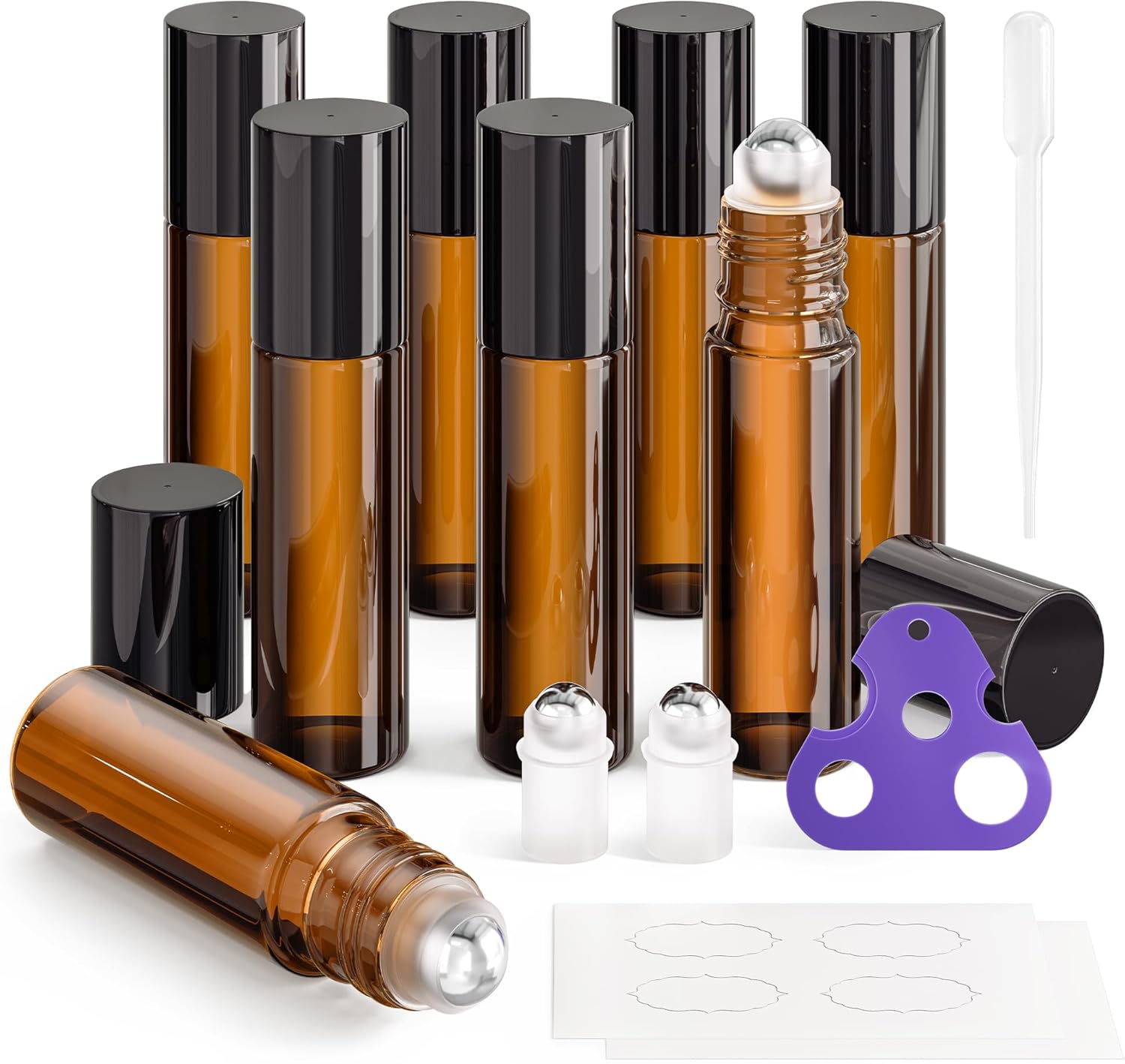 Detalle de ULG 8-Pack Essential Oil Roller Bottles (10ml) with Stainless Steel Rollers, Amber Glass