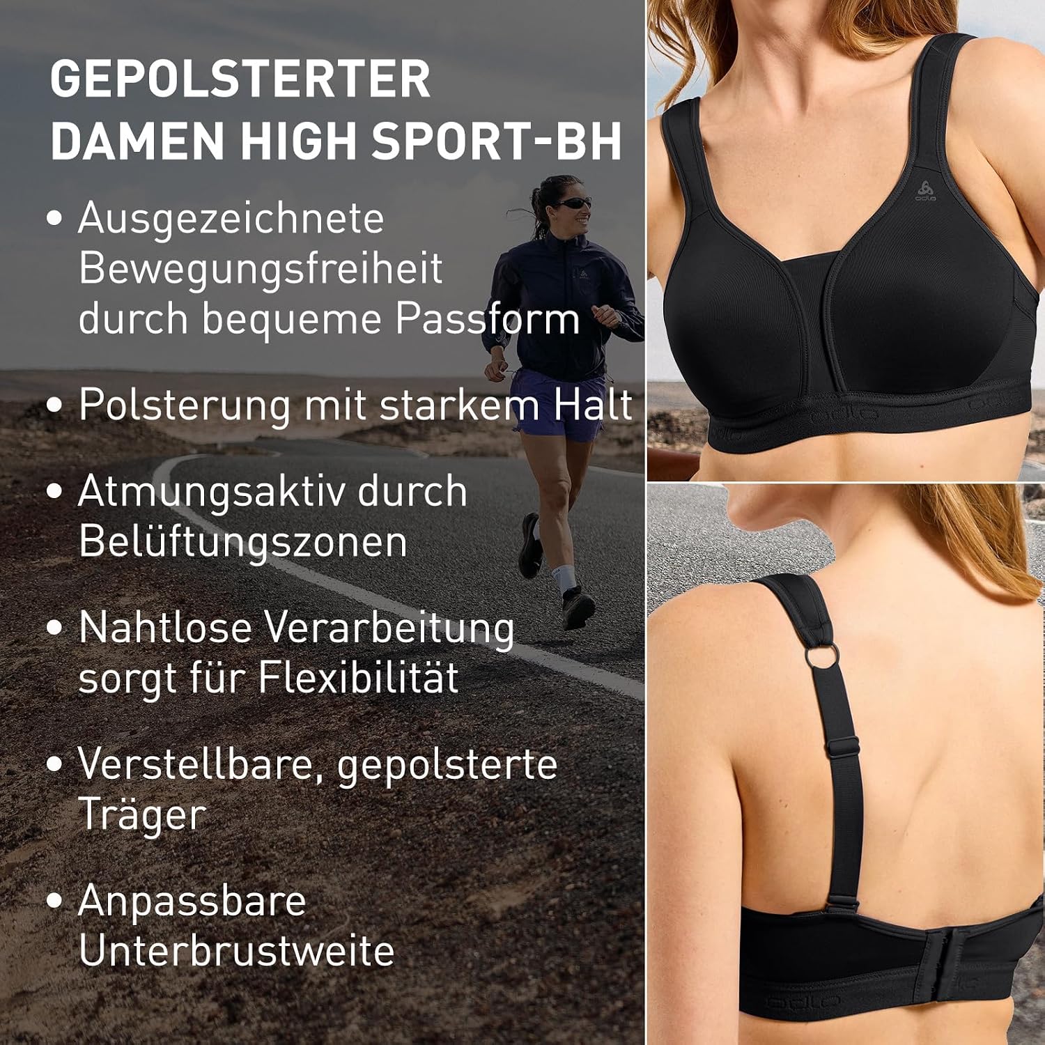 Detalle de Odlo Sport BH Padded High I: Gepolsterter High-Support-BH für Damen mit nachhaltiger Qualität