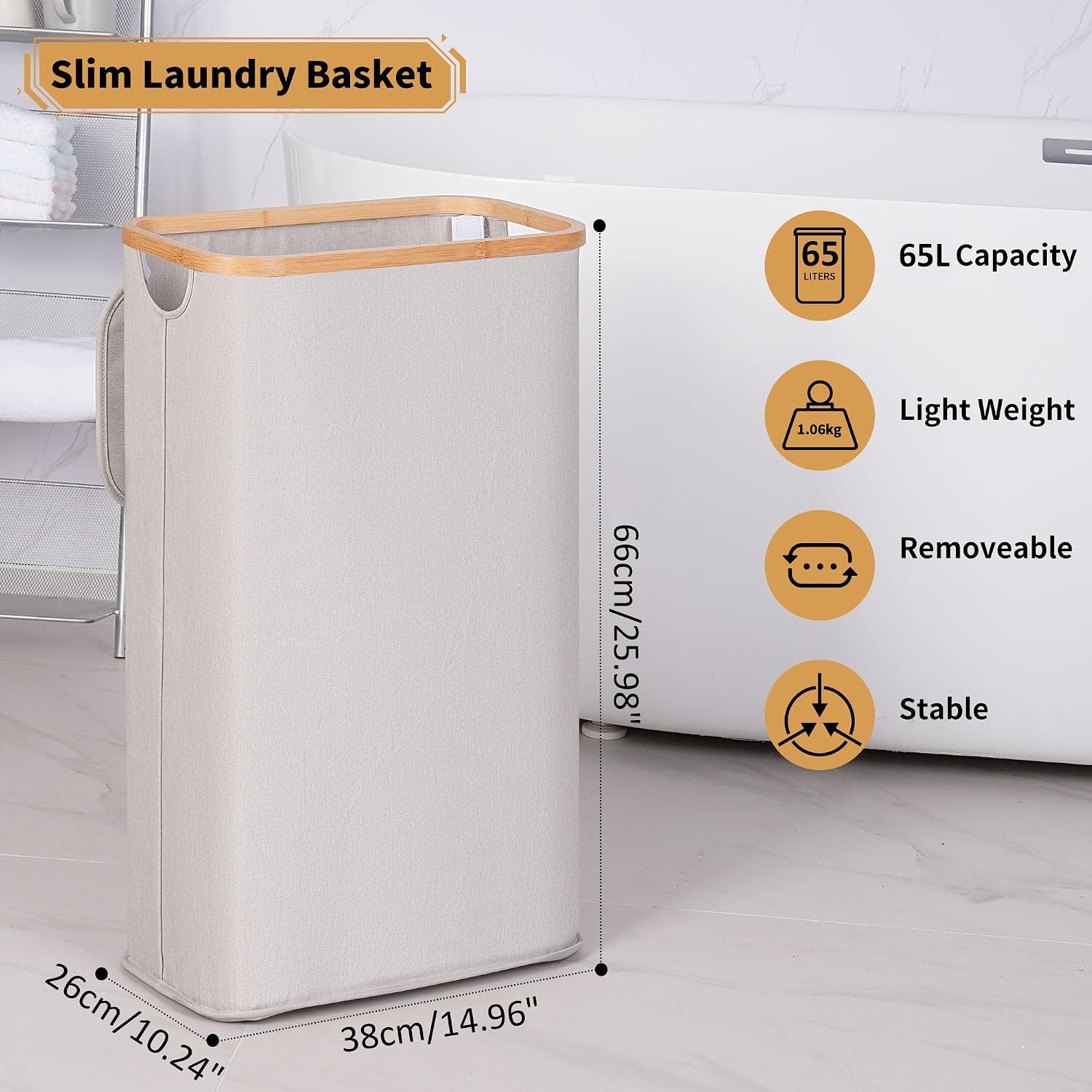 Thumbnail 2 de iEGrow 65L Slim Washing Basket with Removable Inner Bag, Bamboo Handle and Lid (Light Grey)