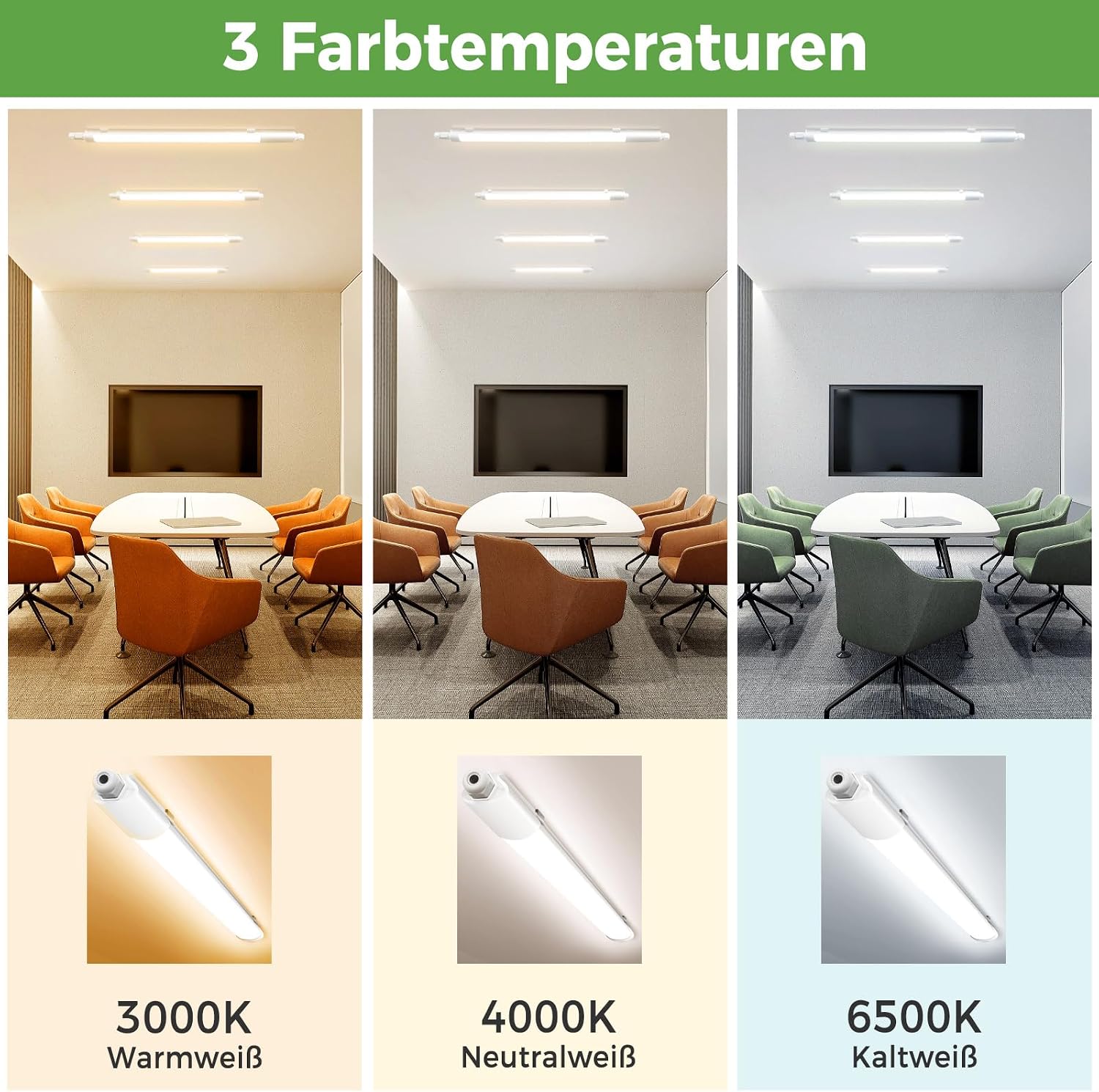 Thumbnail 1 de zemty Feuchtraumleuchte LED Röhre 60 cm (18 W, 1980 lm) mit 3 Farbtemperaturen und IP65