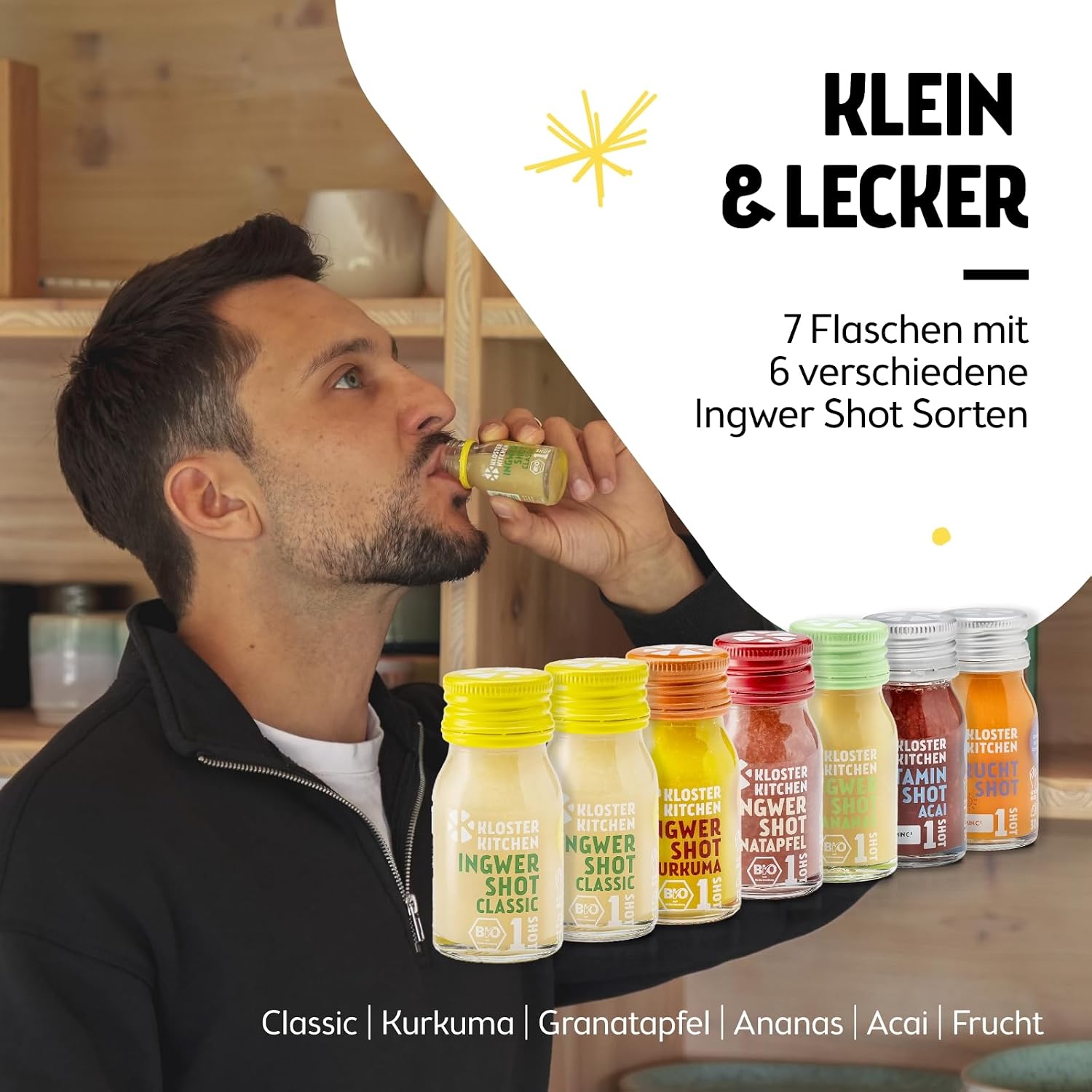 Thumbnail 4 de Bio Ingwer Shot Geschenkset mit echten Ingwerstückchen – Kloster Kitchen, 7 Flaschen á 30 ml (6 Sorten, vegan)
