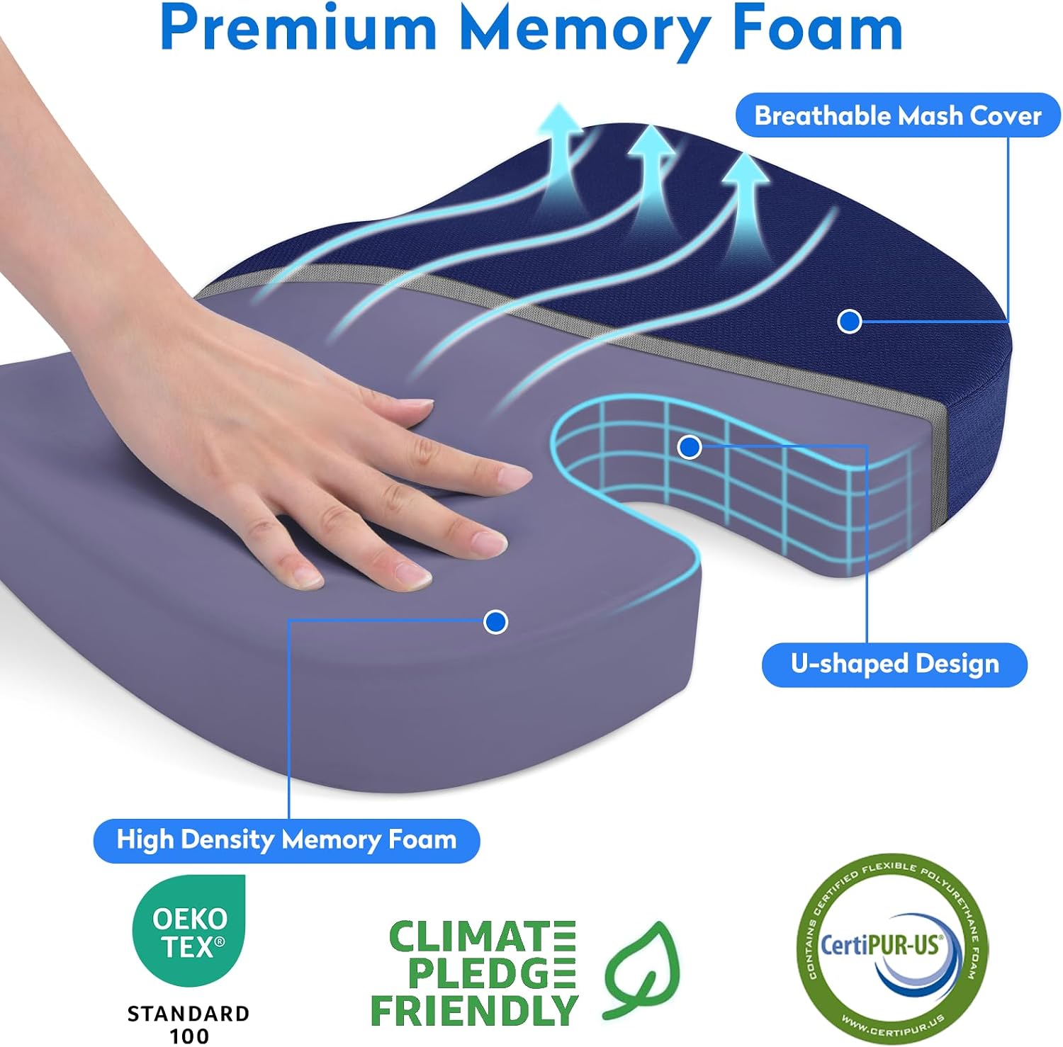 Detalle de CushZone Large Memory Foam Seat Cushion, Blue, with U-Shaped Coccyx Cutout